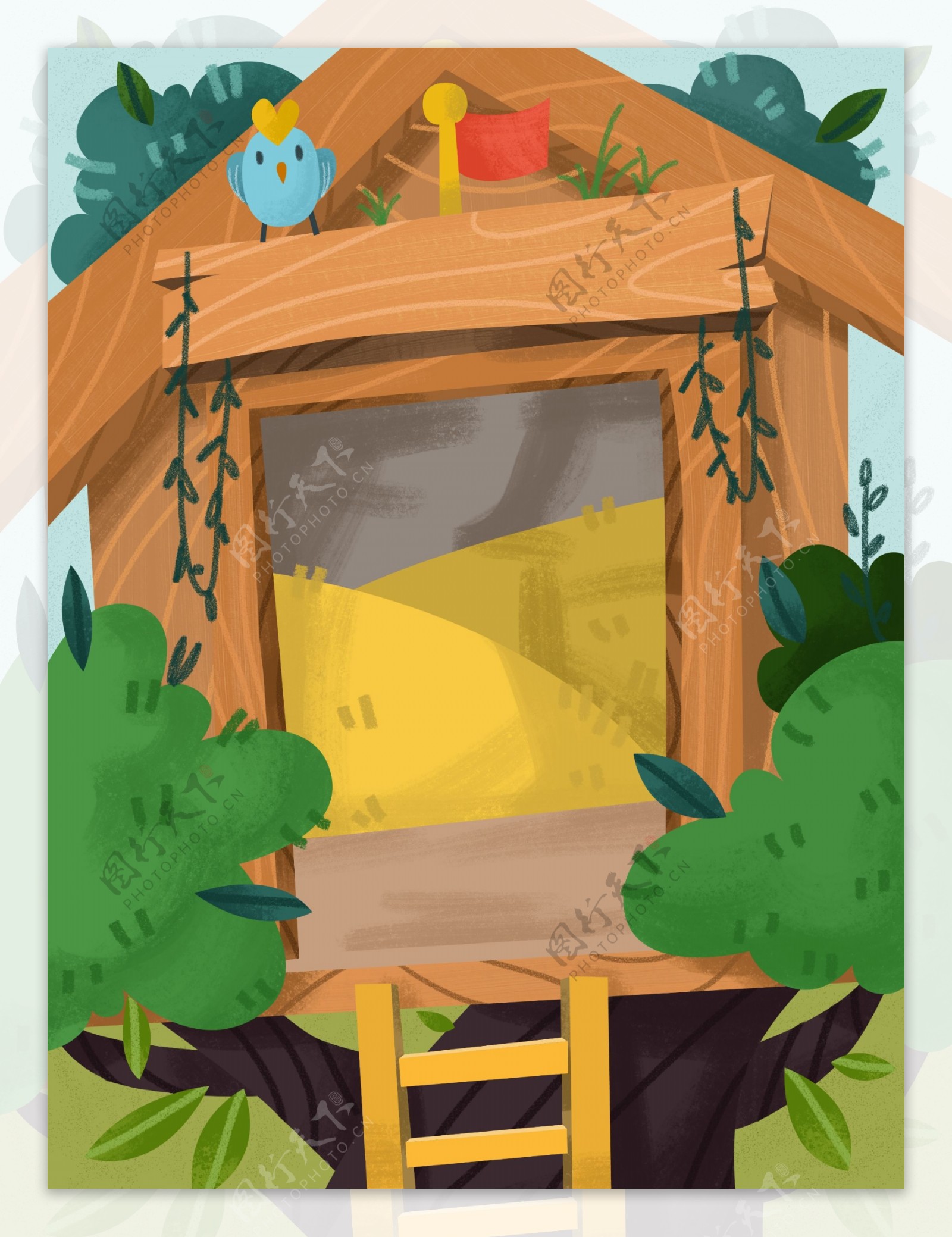 手绘夏季树林小屋背景设计
