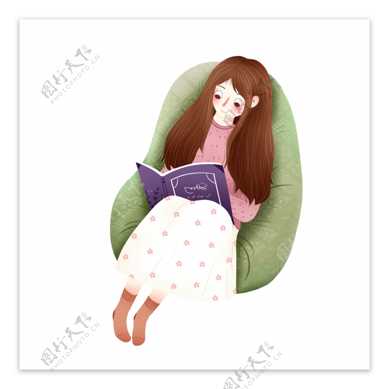 躺着沙发上看书的女孩手绘设计