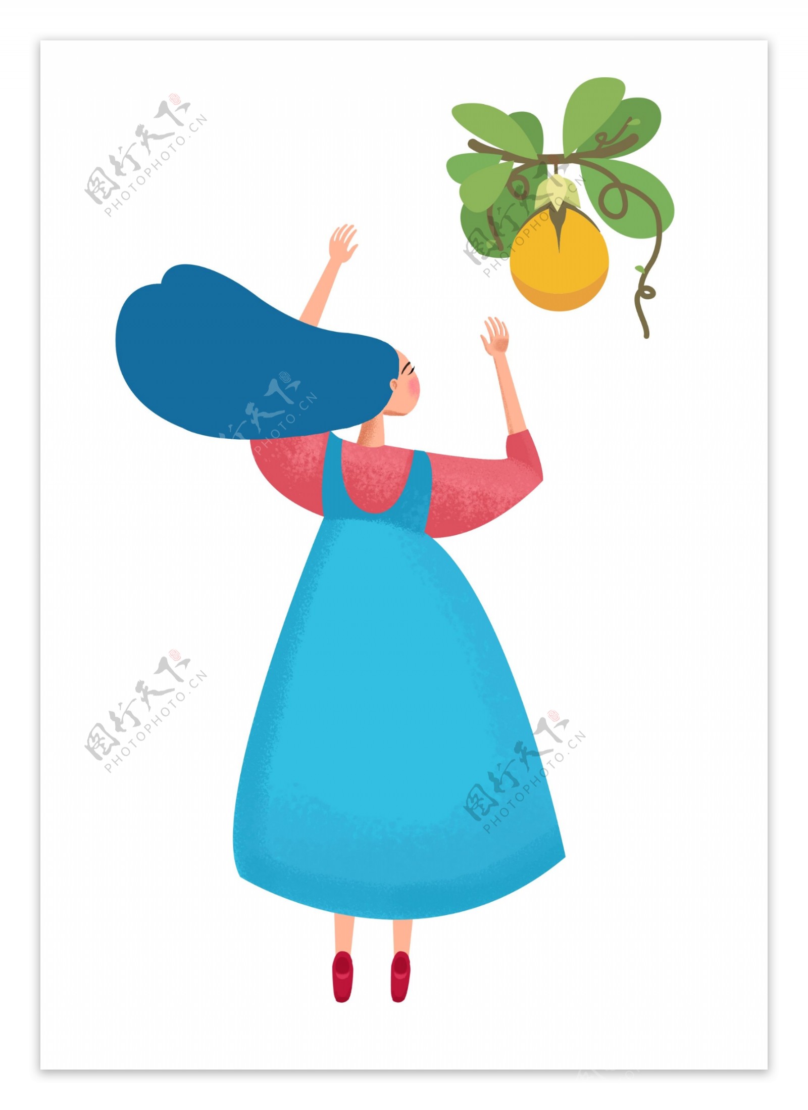 创意插画女孩摘水果柚子插画
