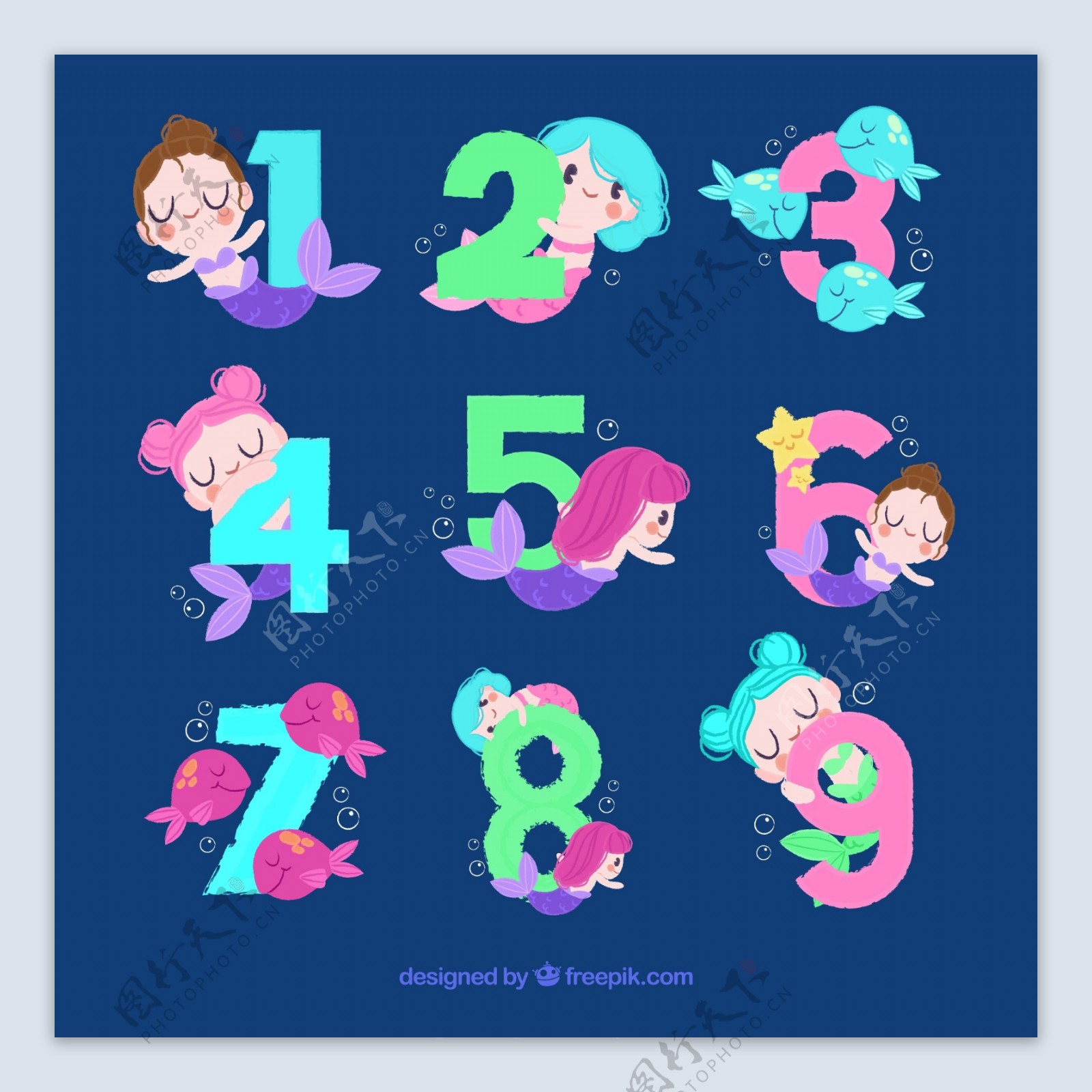 9款卡通美人鱼装饰数字