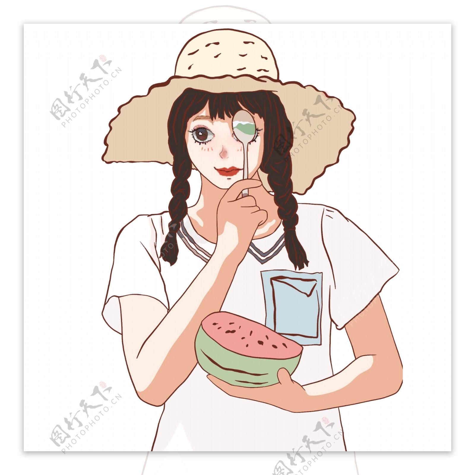 清新可爱吃西瓜的女孩子插画设计