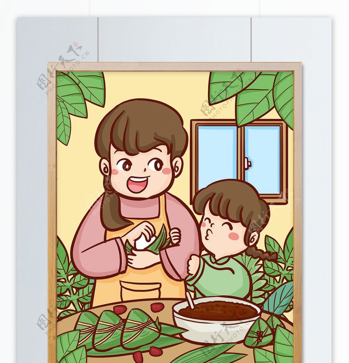 端午节传统节日妈妈教女儿包粽子手绘插画