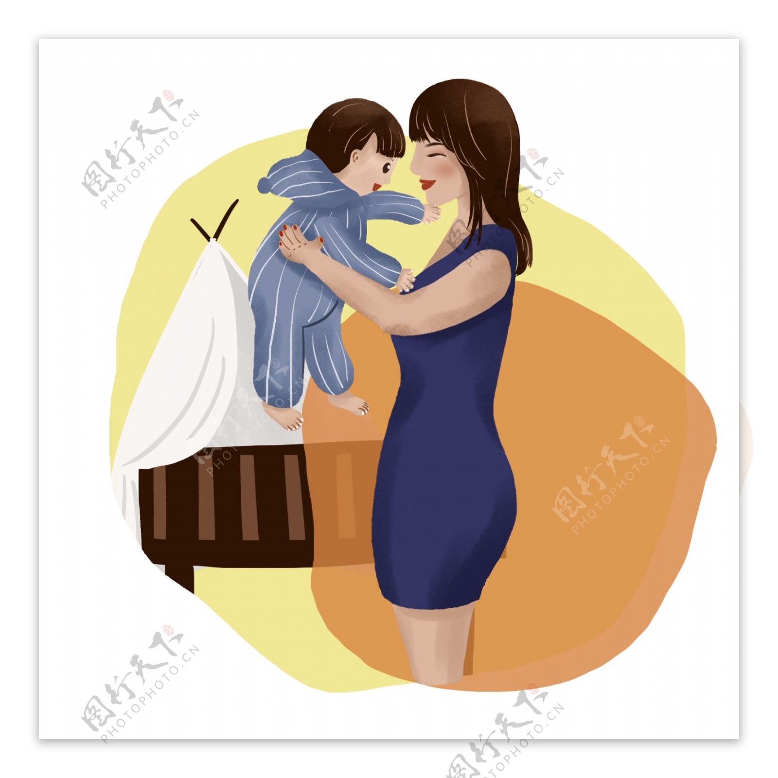 母亲节妈妈抱着孩子的画面手绘元素