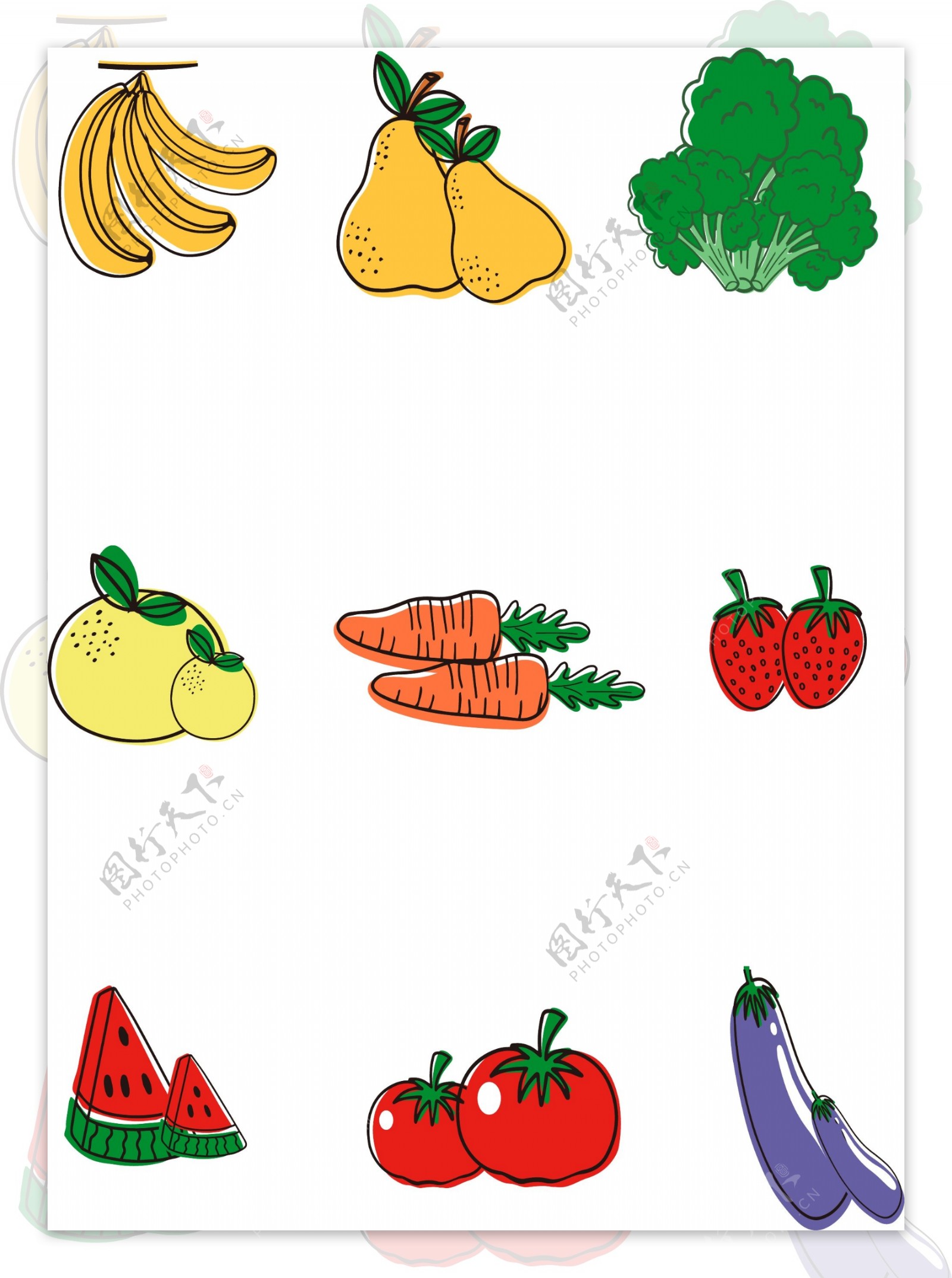 卡通风彩色手绘水果蔬菜元素