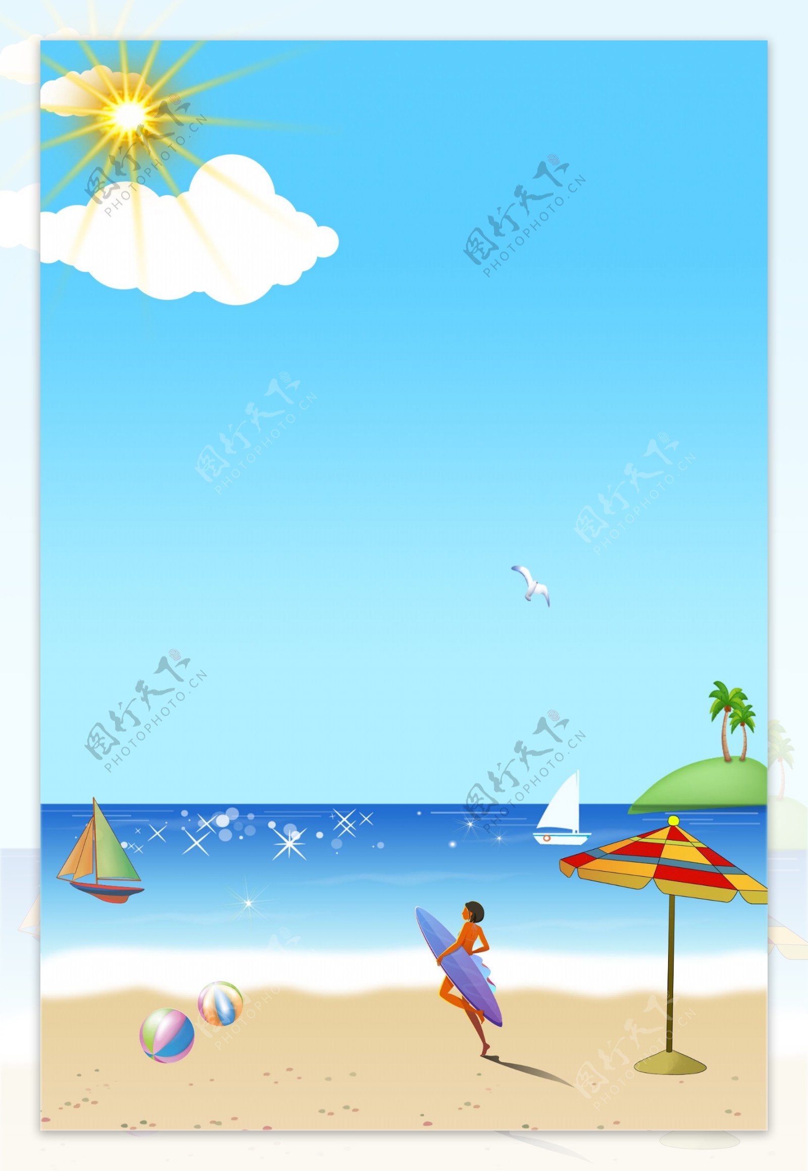 夏日海滩冲浪的少女背景