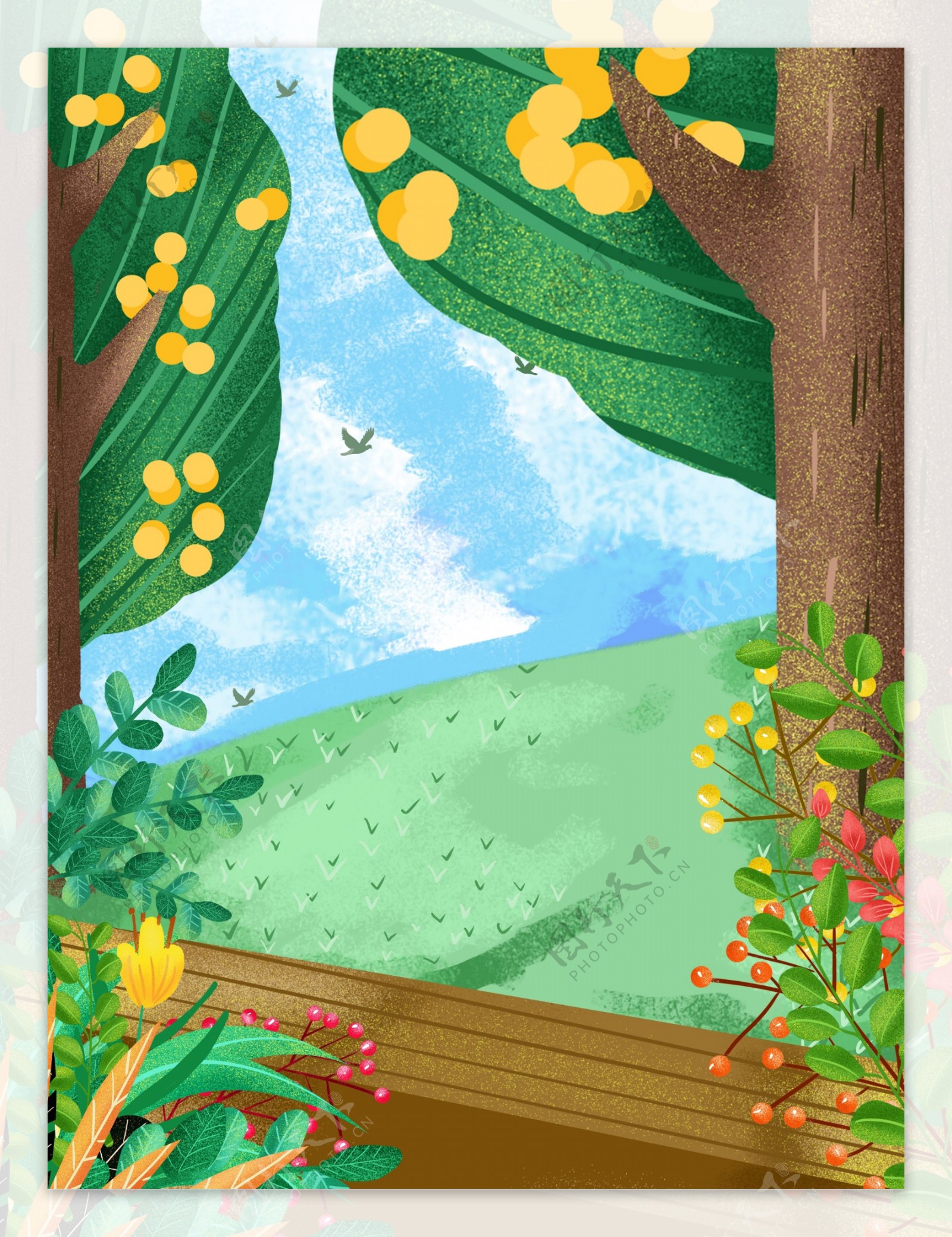 手绘夏季树林绿色背景设计