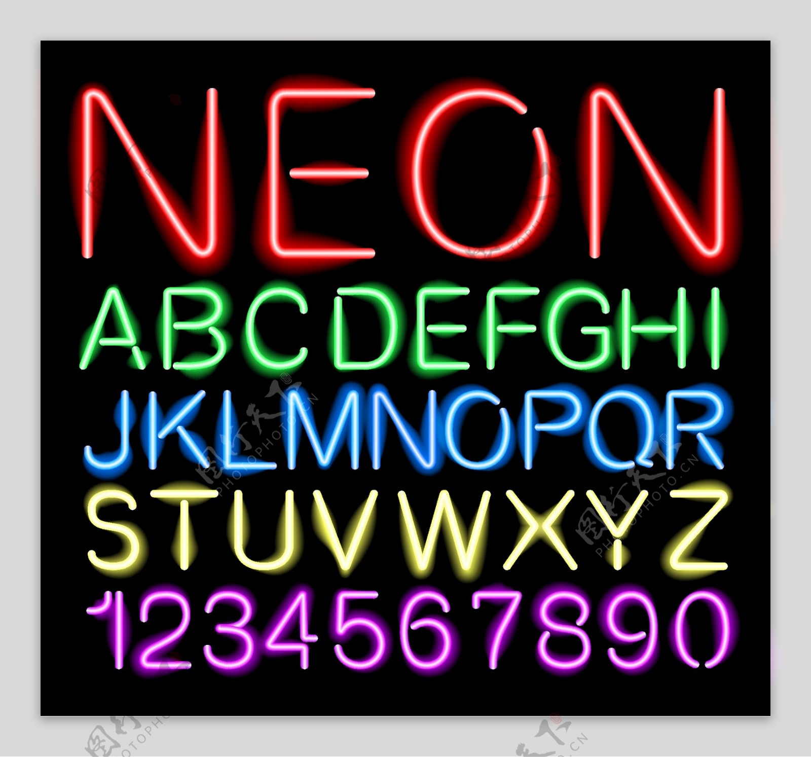 36款彩色霓虹灯字母和数字设计