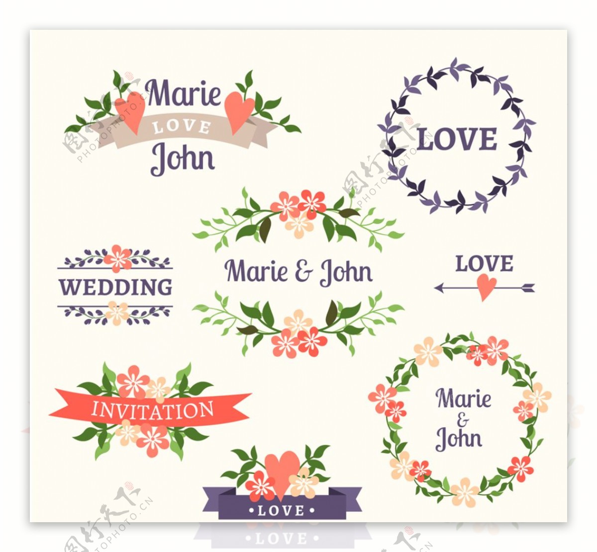 彩色婚礼花卉标签