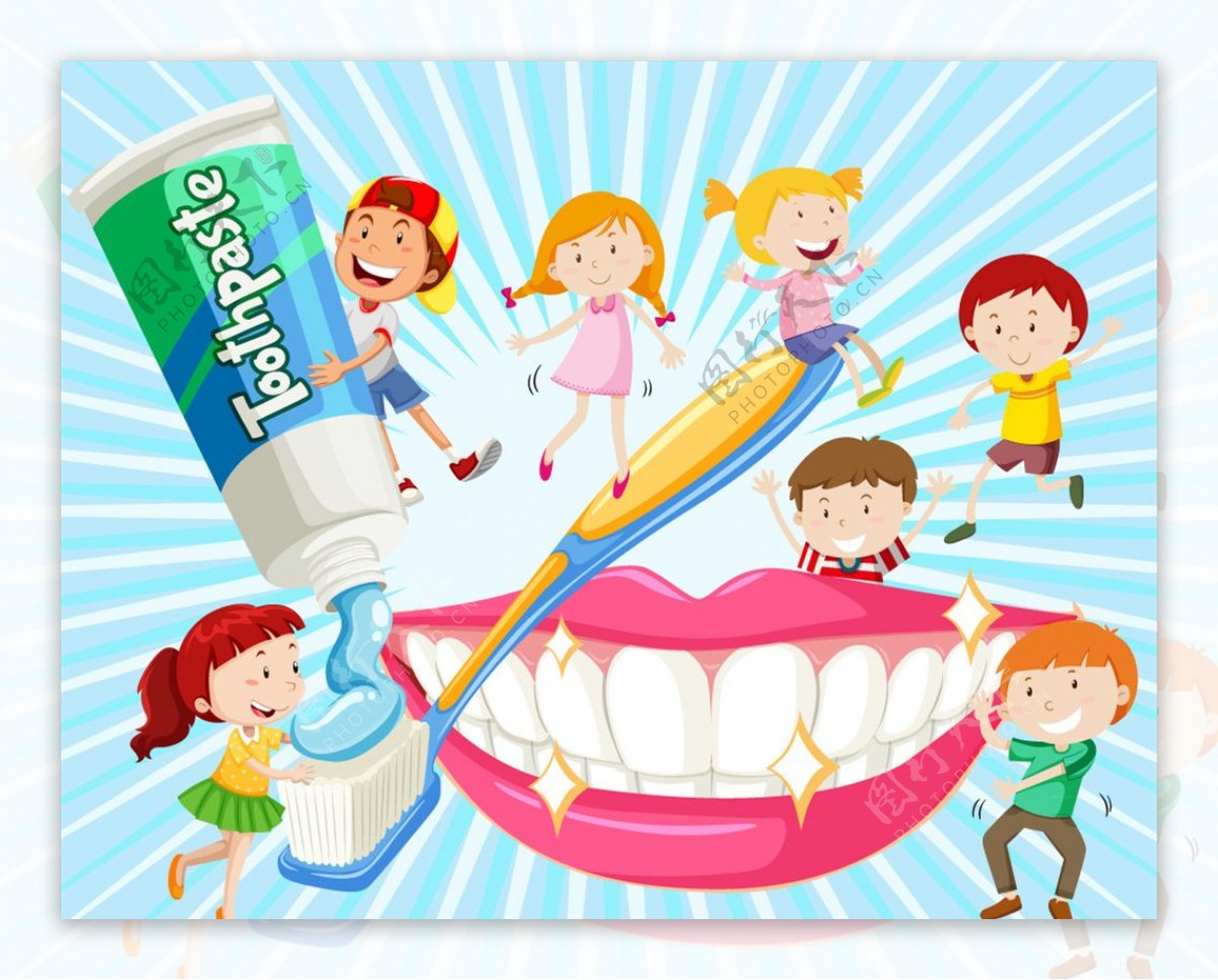 卡通用牙刷刷牙的儿童