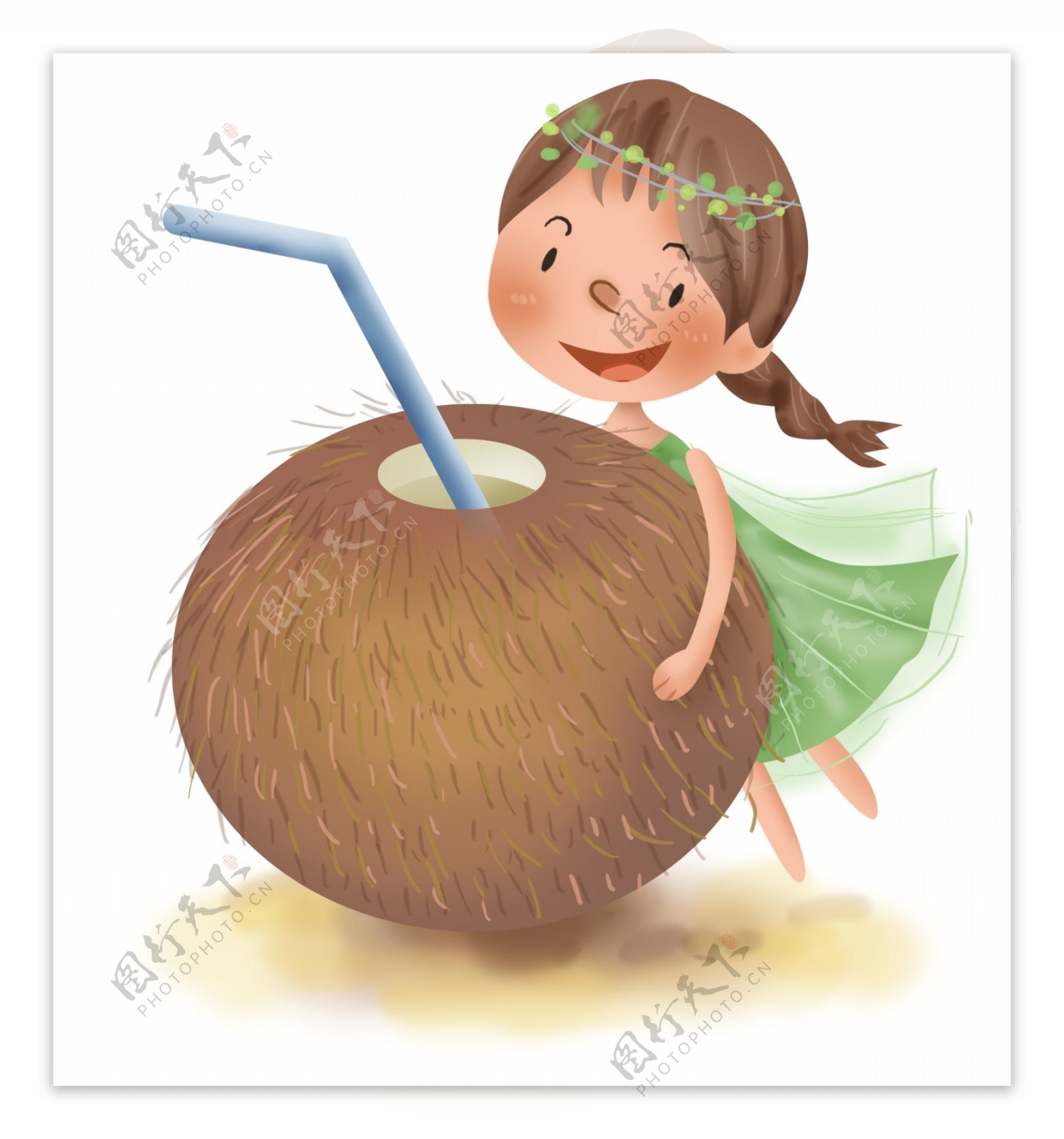 夏季和椰子汁的小女孩