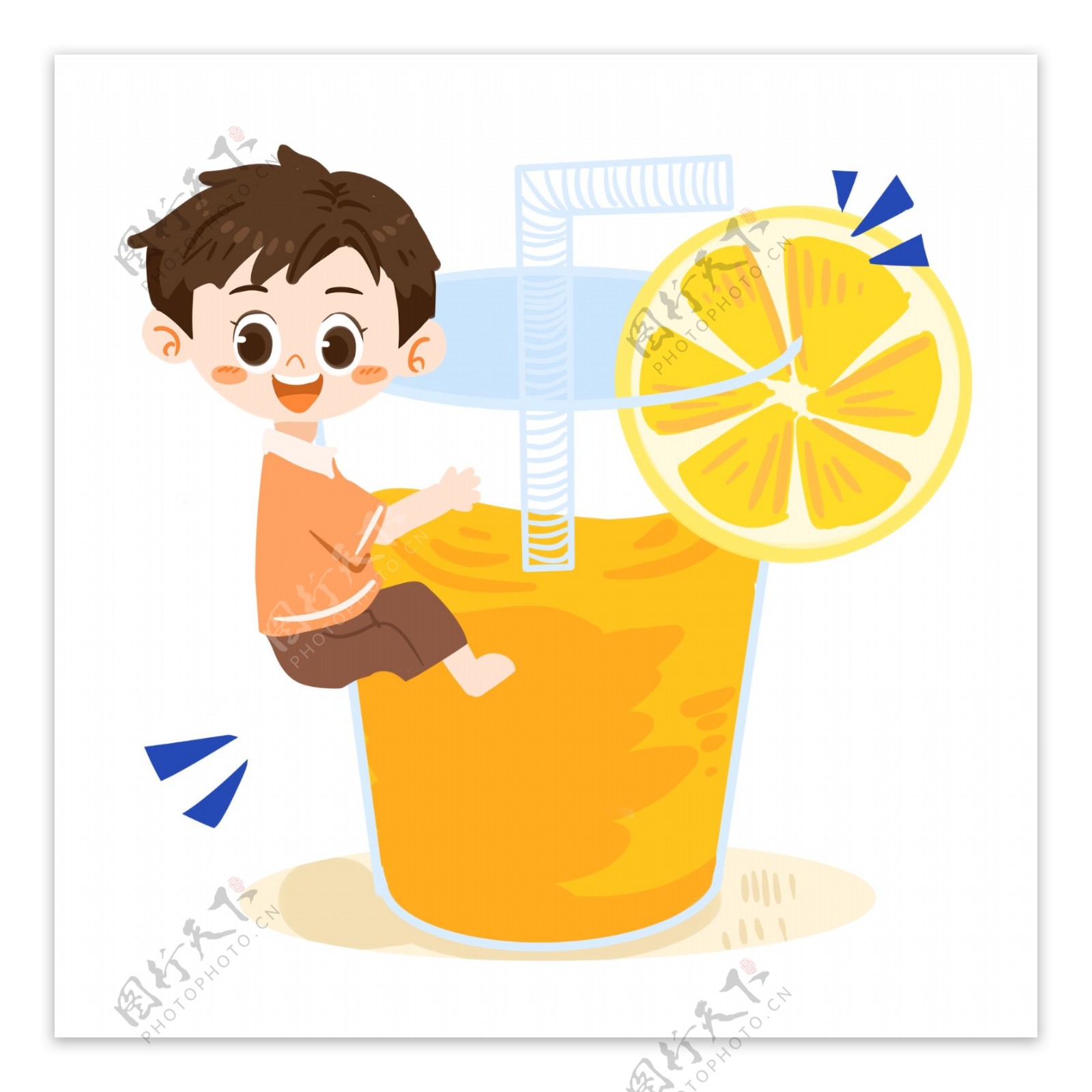 夏日卡通男孩与橙汁PNG素材