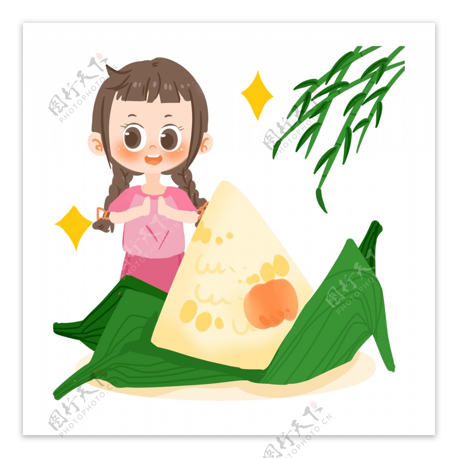 端午节卡通女孩吃粽子PNG素材