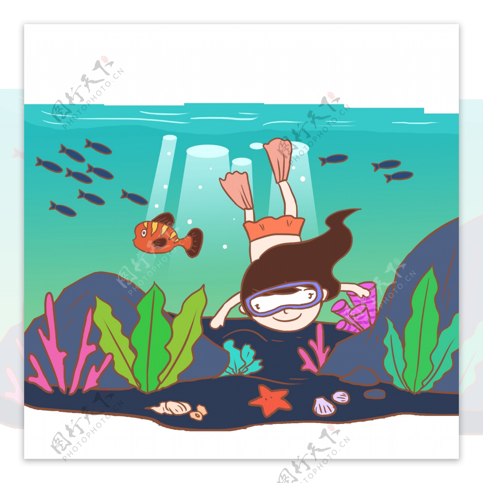 夏天潜水蓝色卡通元素潜水