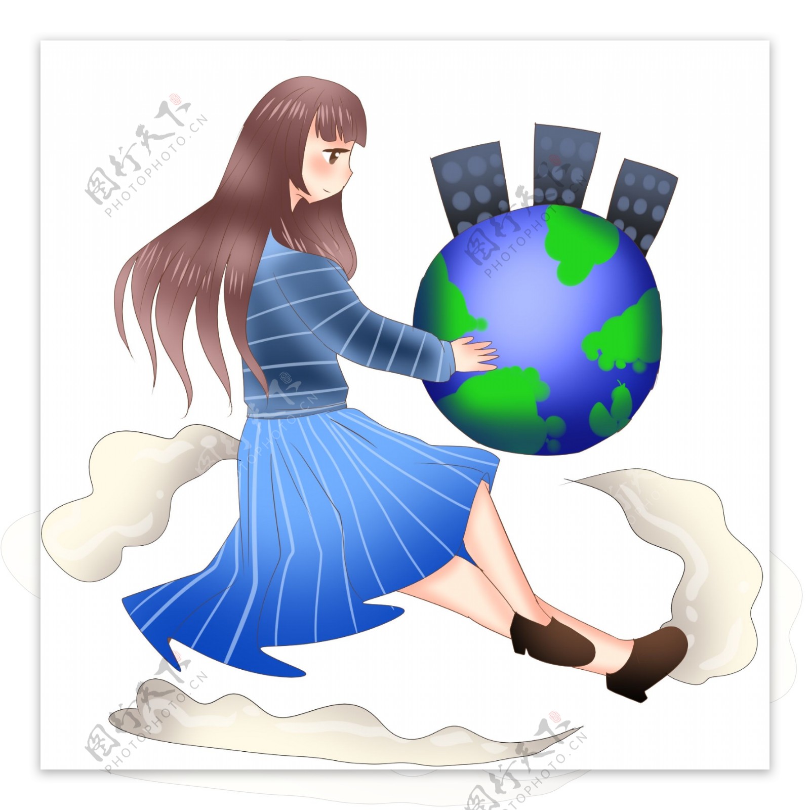抱着地球的小女孩插画