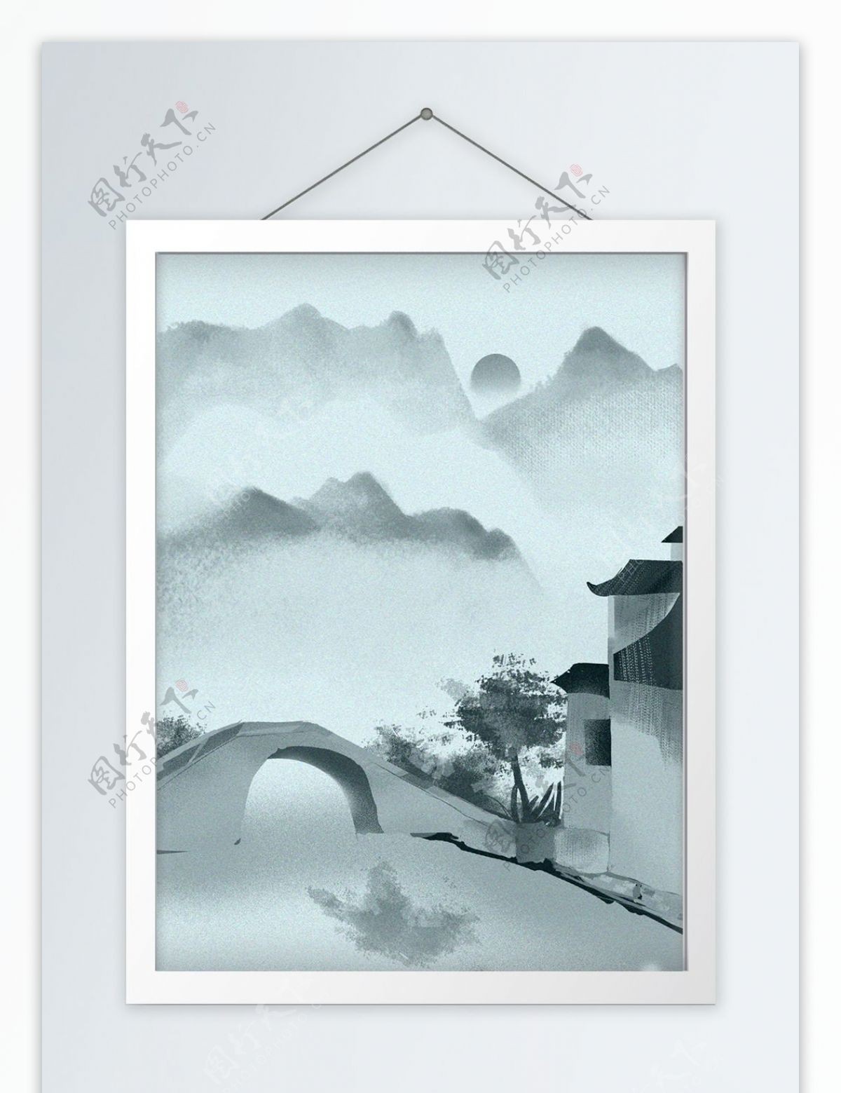 99中式江南水乡水墨手绘竖版装饰画
