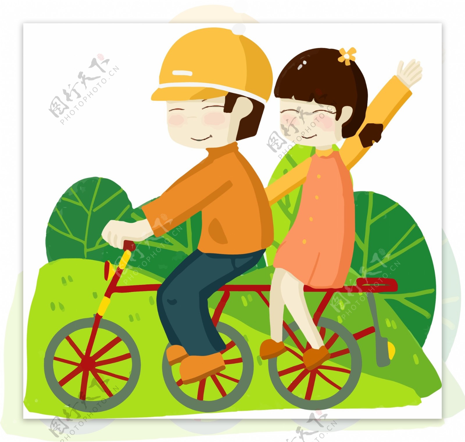 原创手绘细小情侣骑自行车游玩
