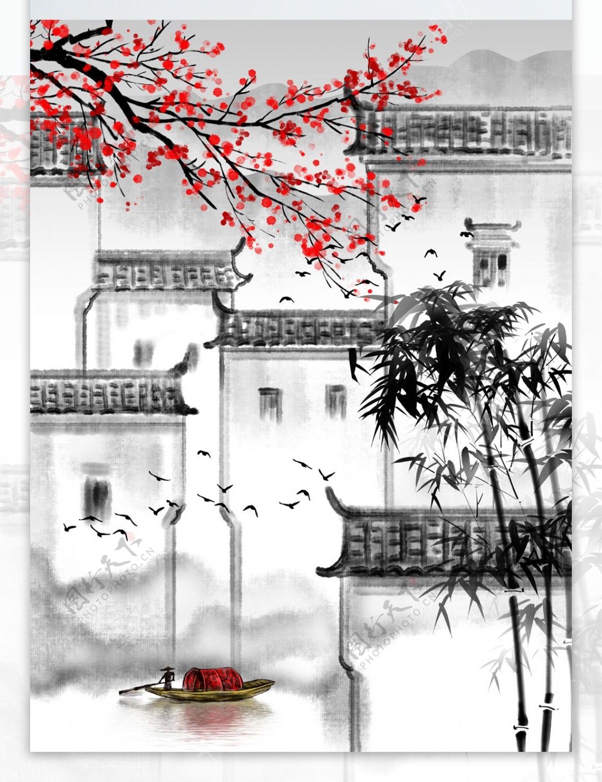 中式江南水乡水墨手绘装饰画