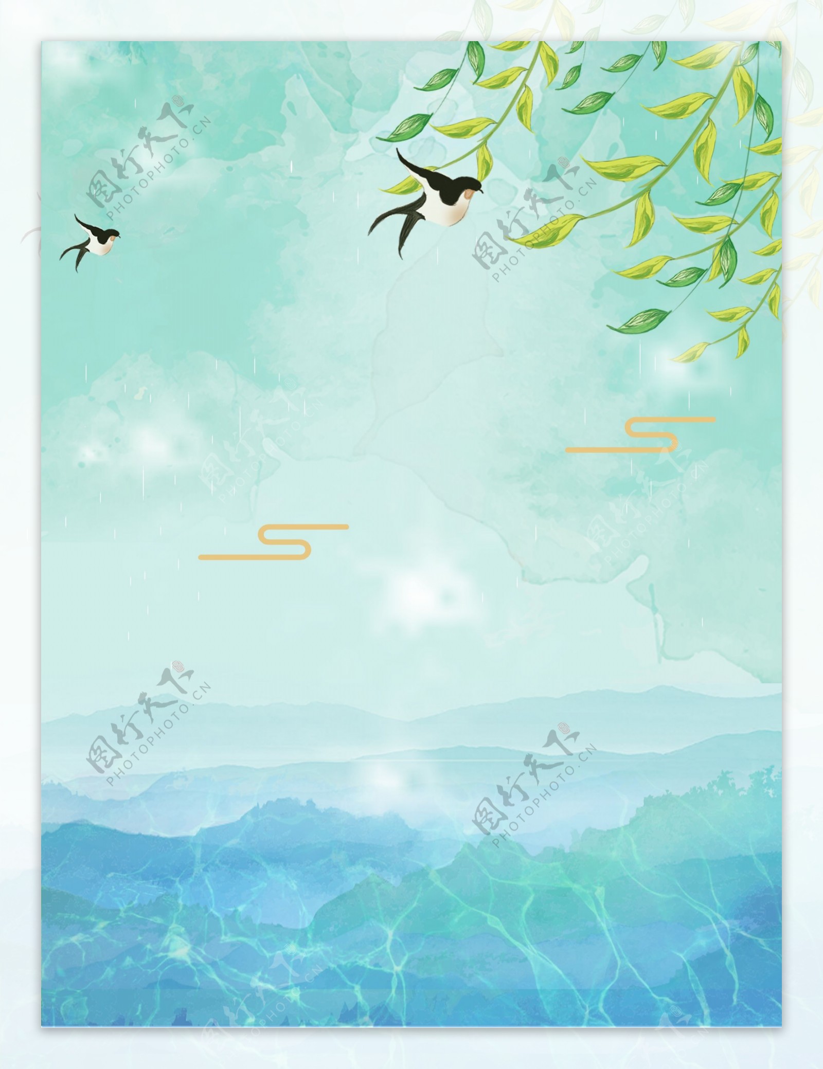 手绘燕子柳树背景素材