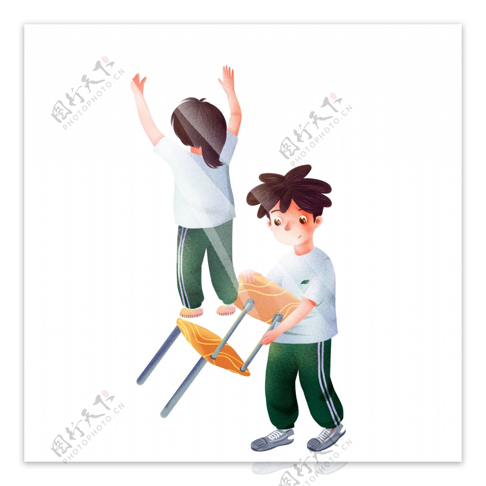 劳动节打扫的两个小男学生插画设计