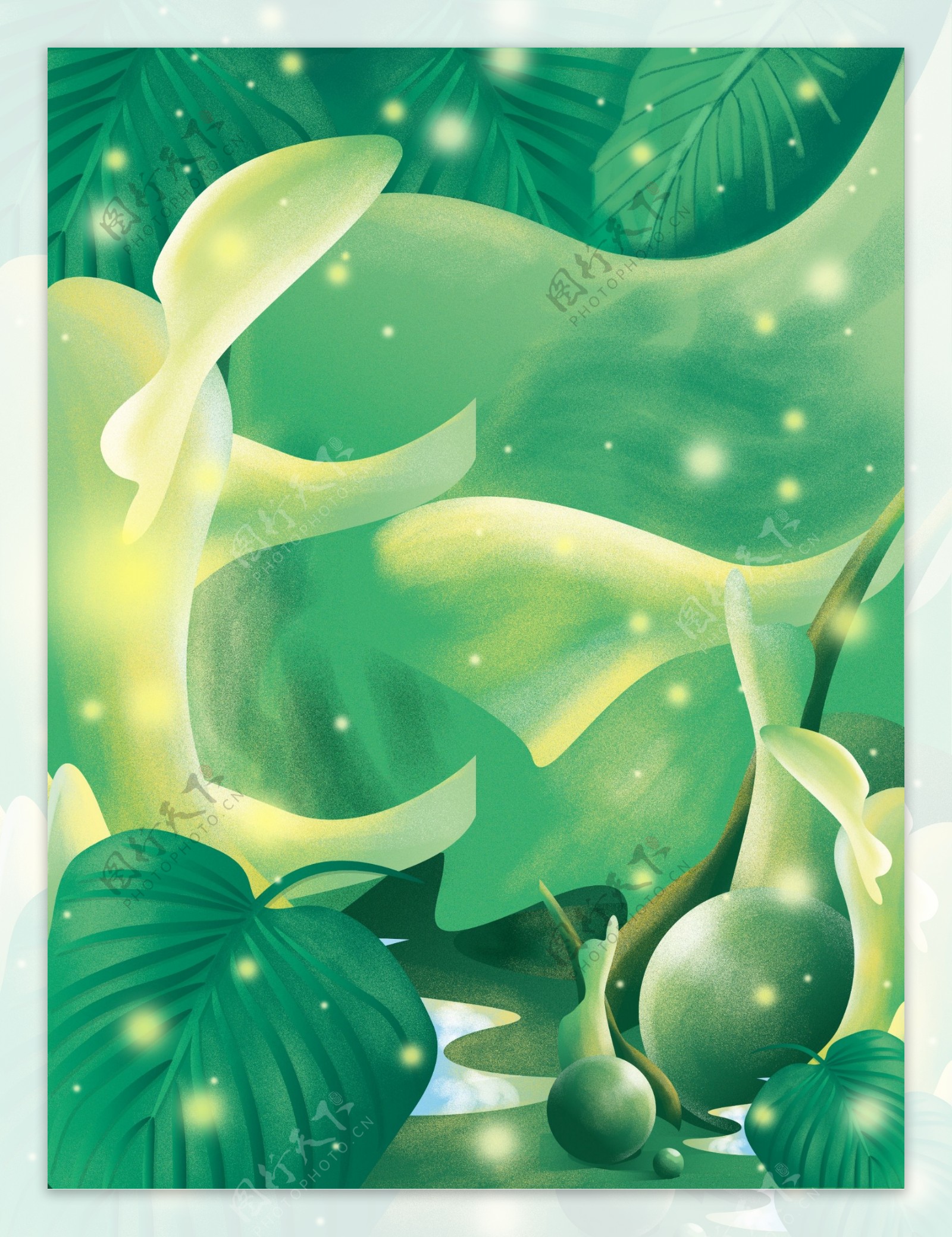 彩绘夏季绿叶丛林背景设计