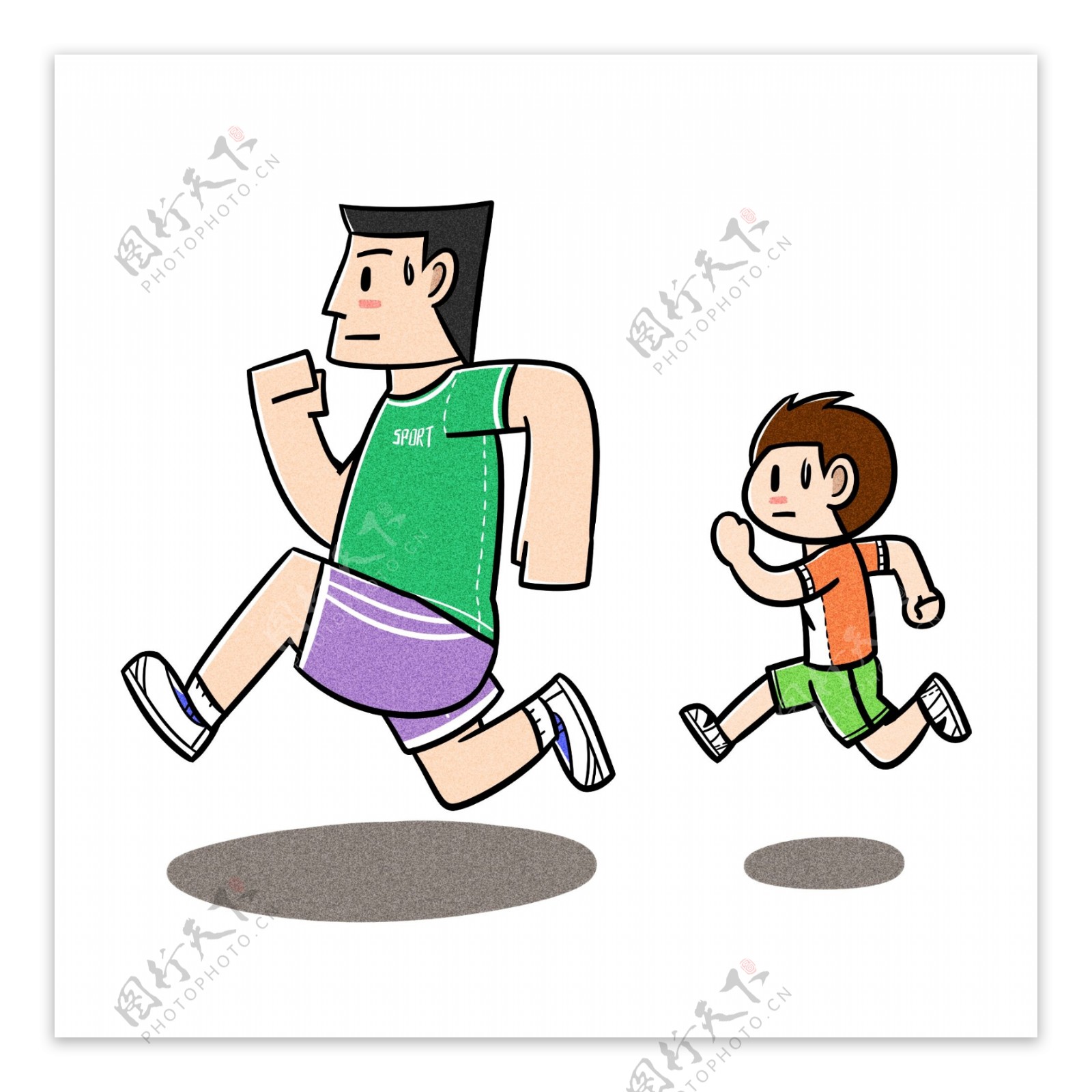 卡通父亲节夸张风父子跑步锻炼png透明底