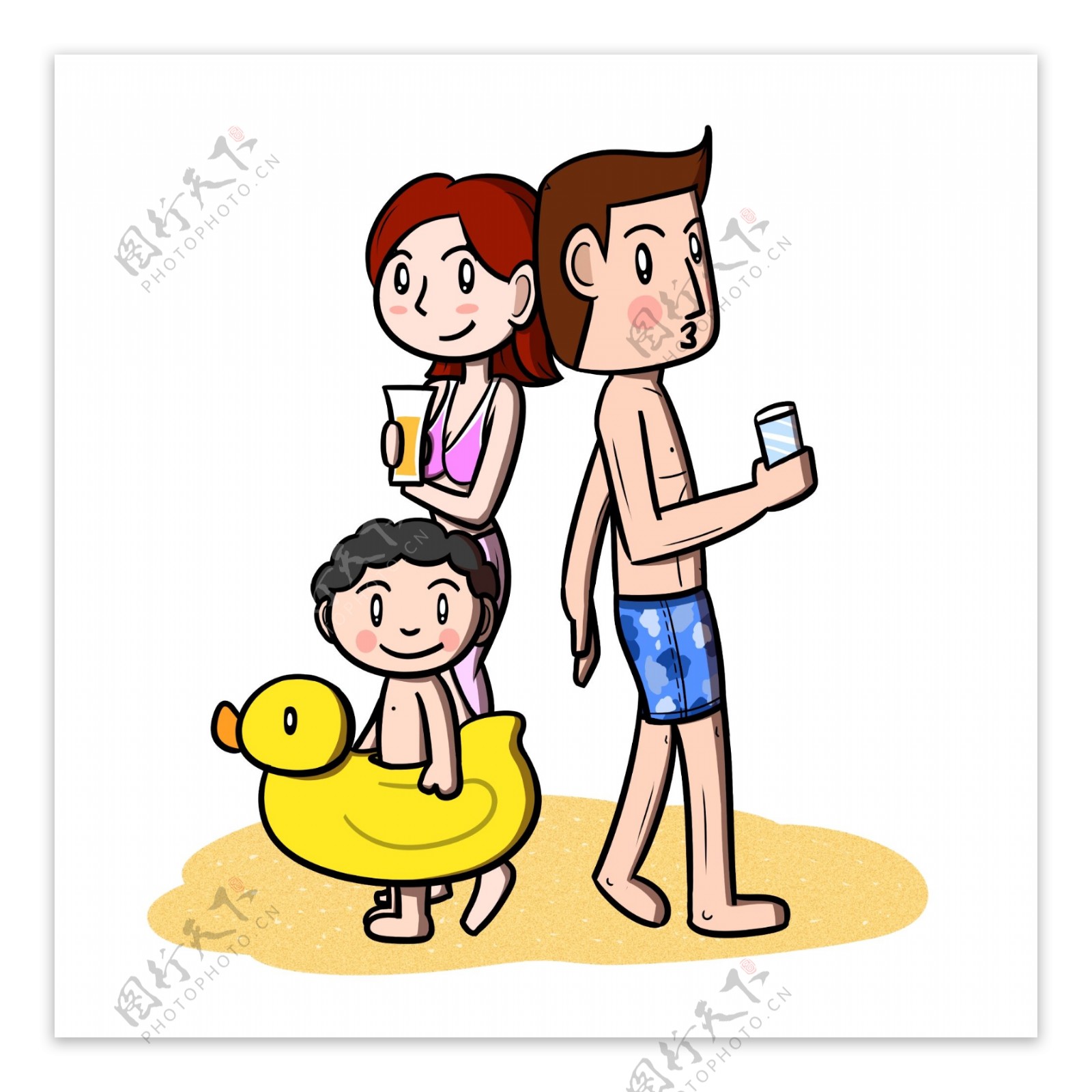 卡通全家人海边沙滩玩乐png透明底