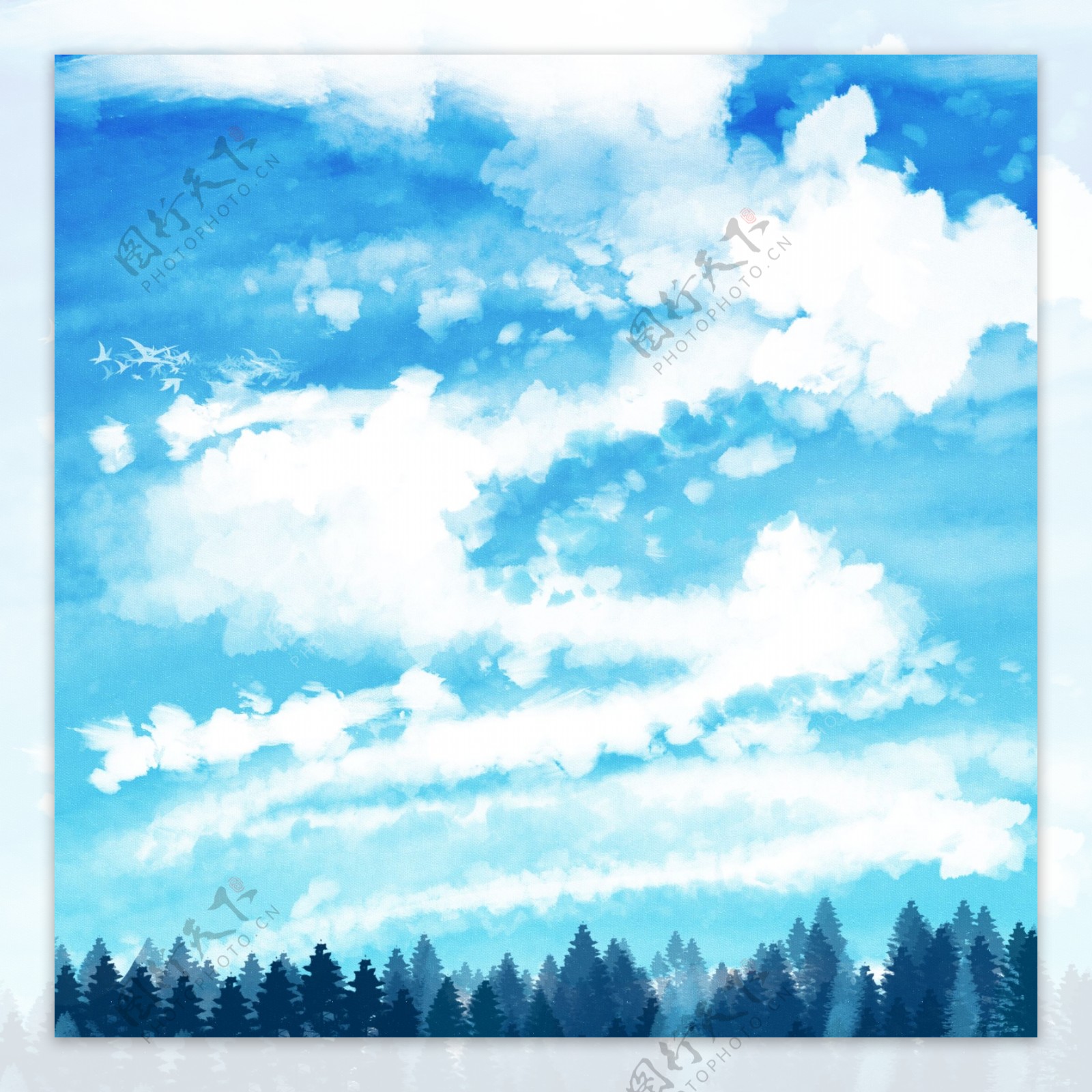 原创手绘蓝色梦幻动漫天空树林背景
