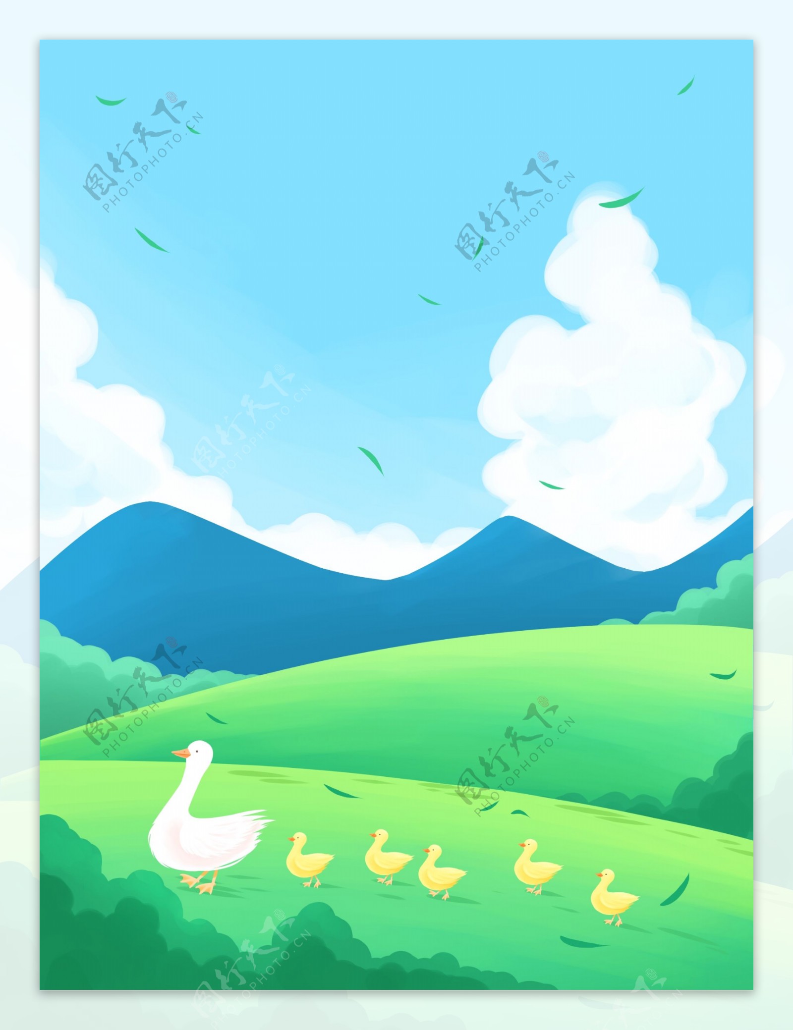 彩绘夏季草地鸭群背景设计
