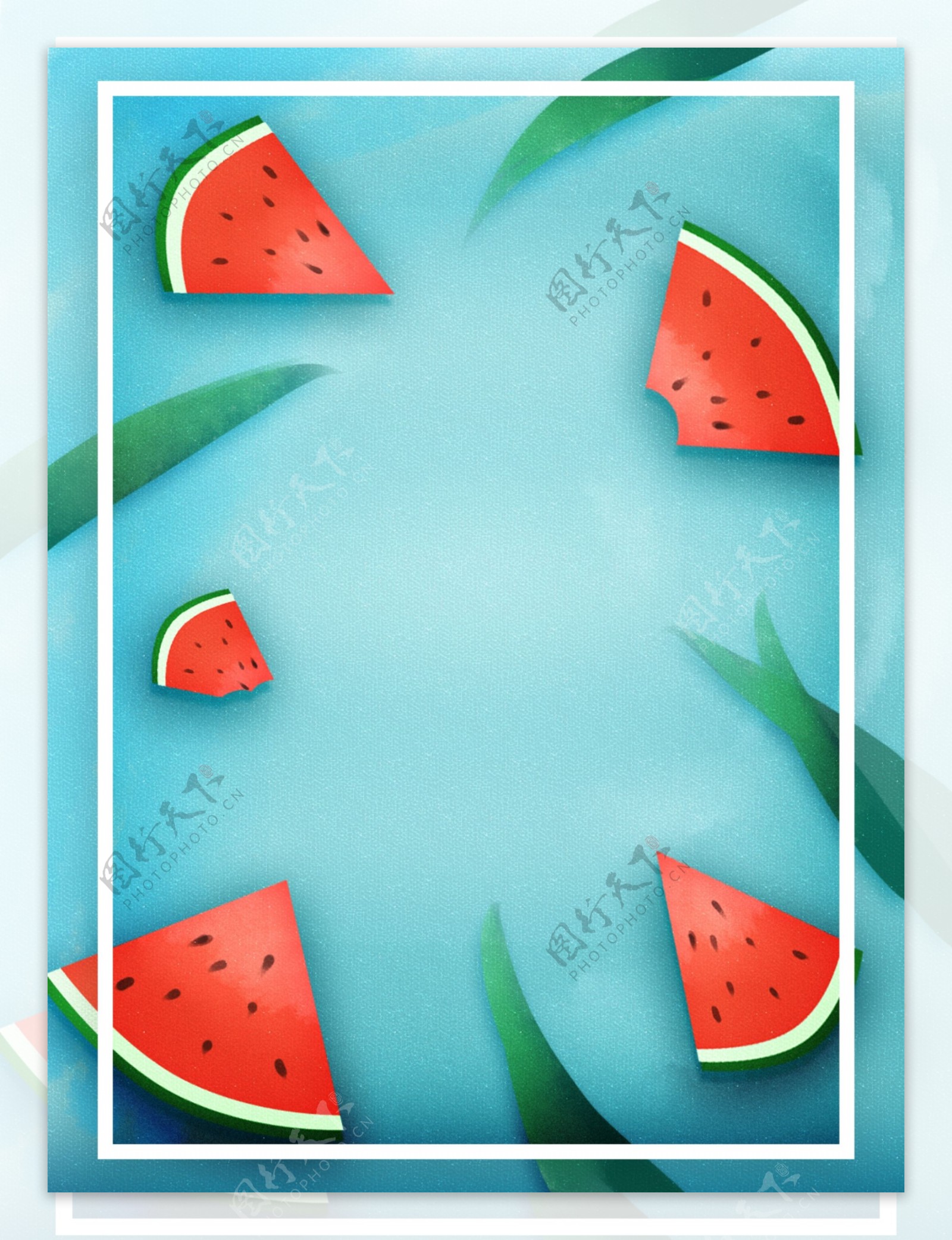 原创手绘蓝色背景卡通西瓜水果夏天边框背景