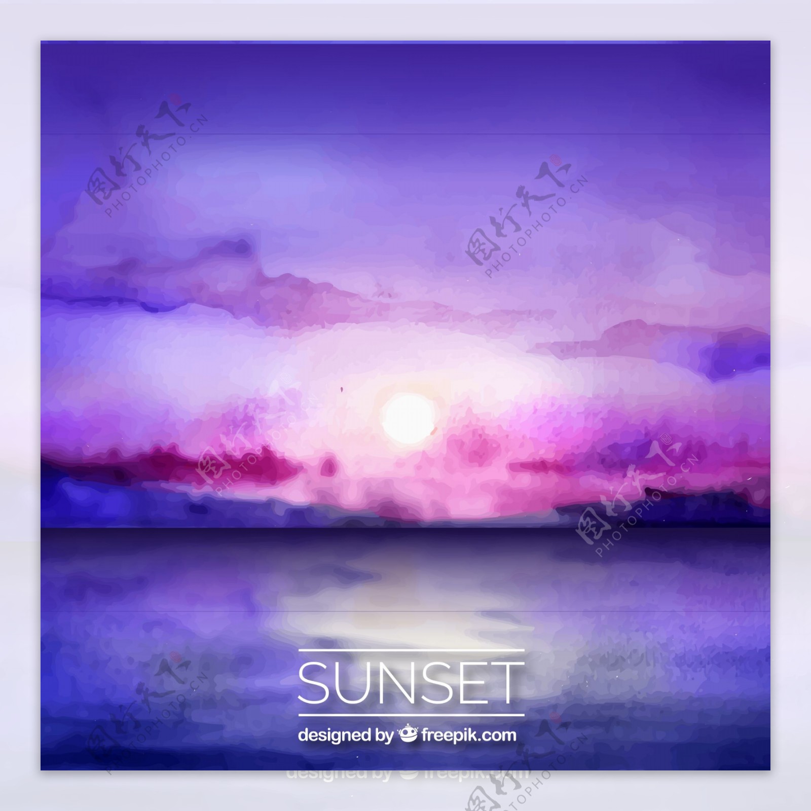 紫色水彩绘海上日落风景
