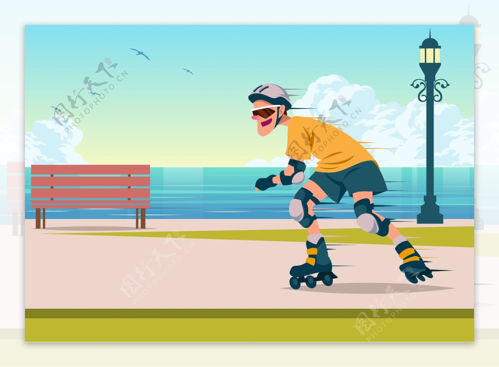 手绘在公园里轮滑的青年插画背景