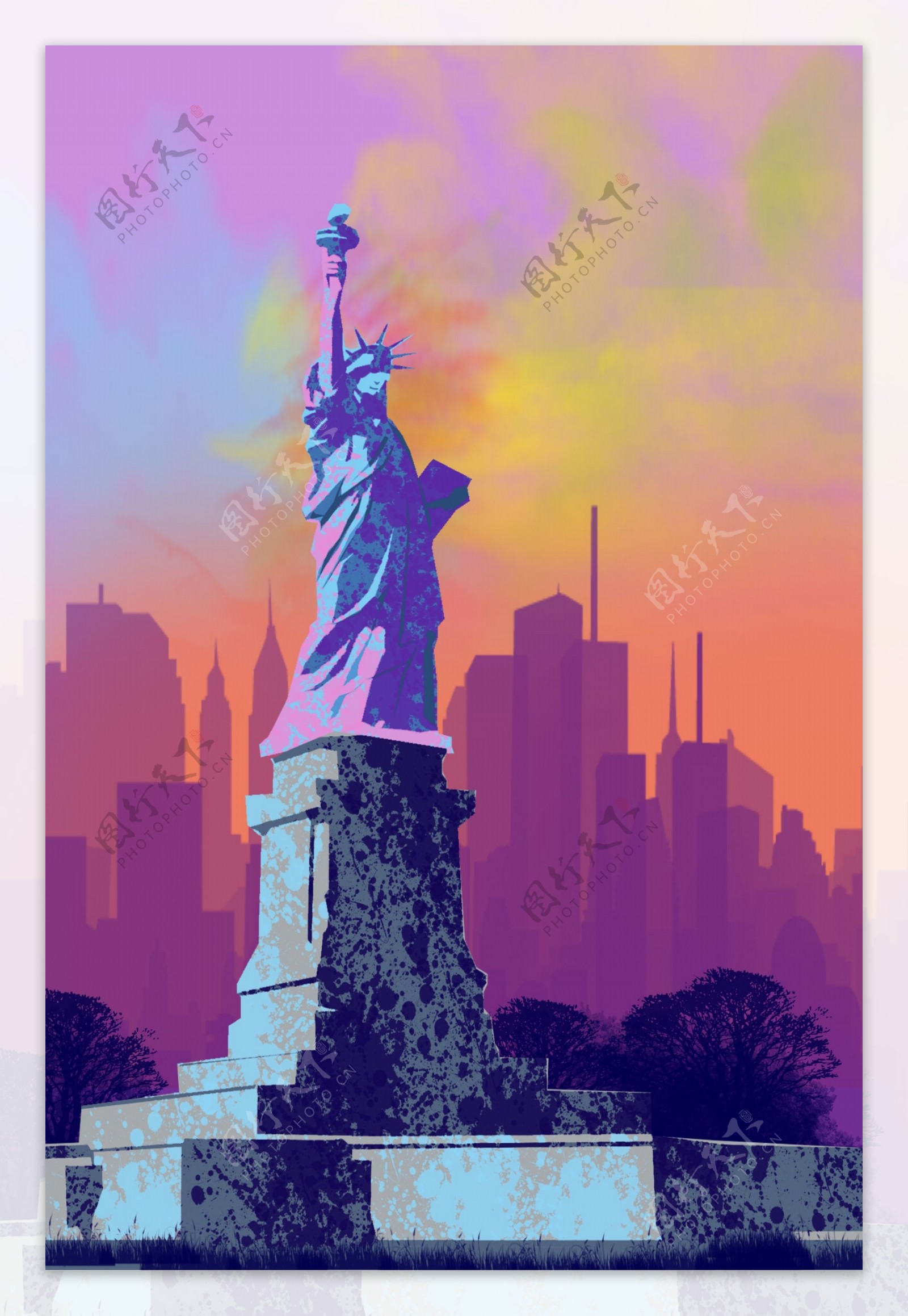 纽约自由女神油画风世界地标建筑