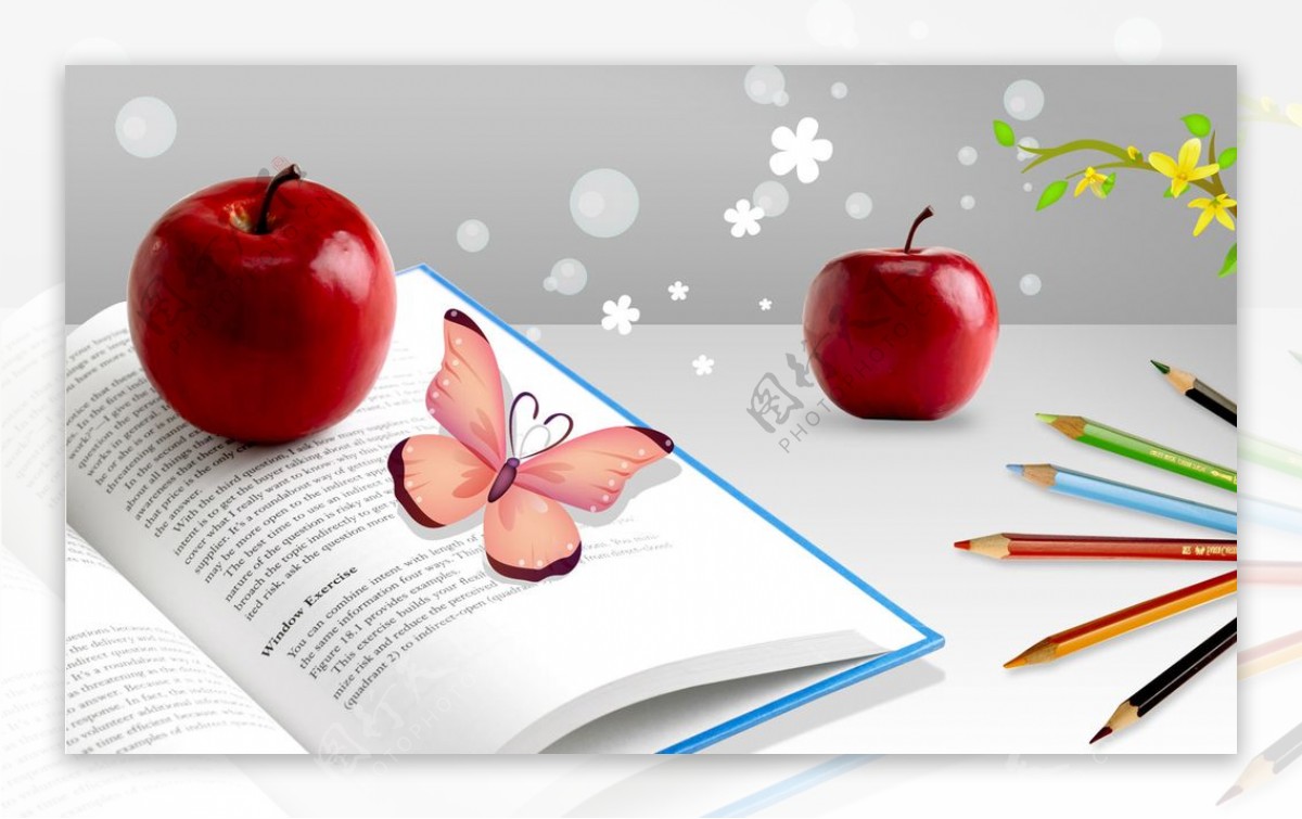 苹果蝴蝶彩色铅笔书本合成桌面