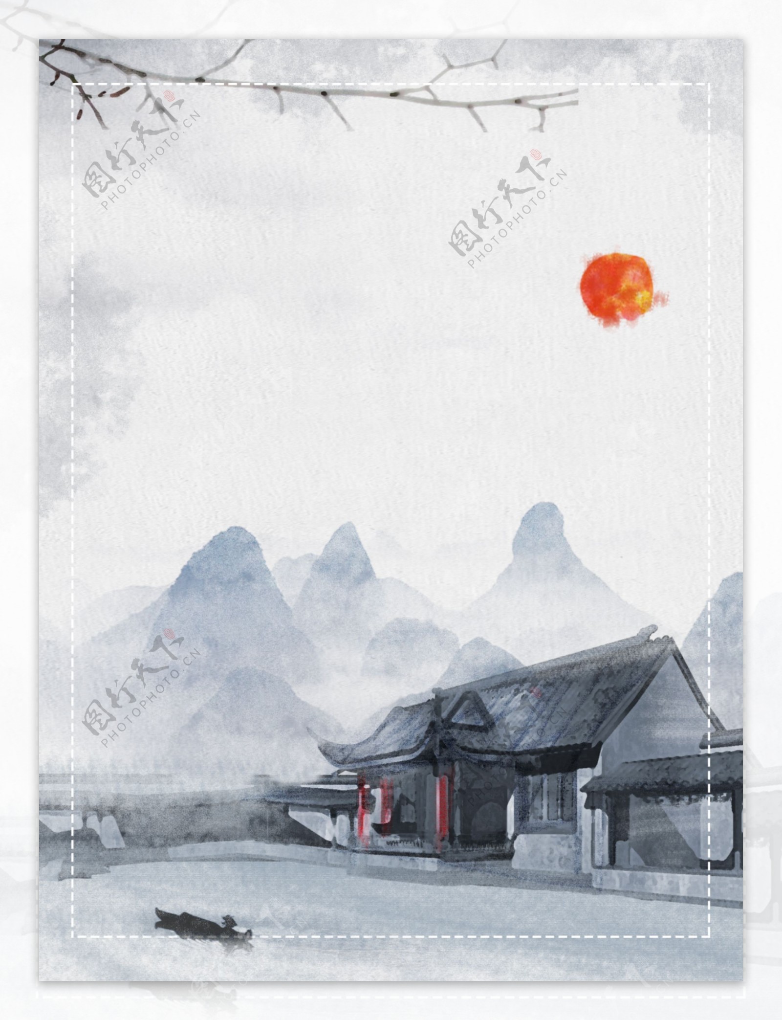 中国风水墨国风村庄装饰画背景