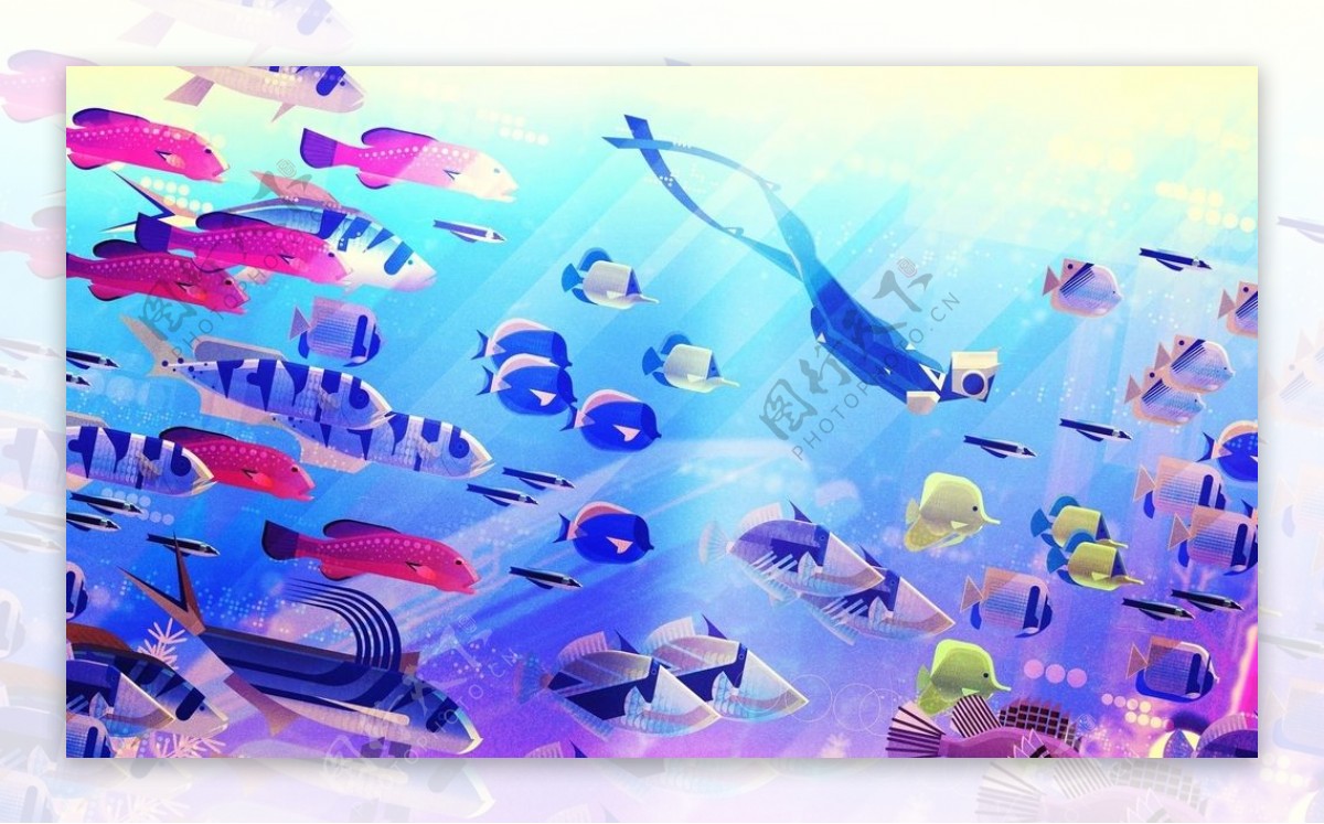彩色海底插画鱼群潜水