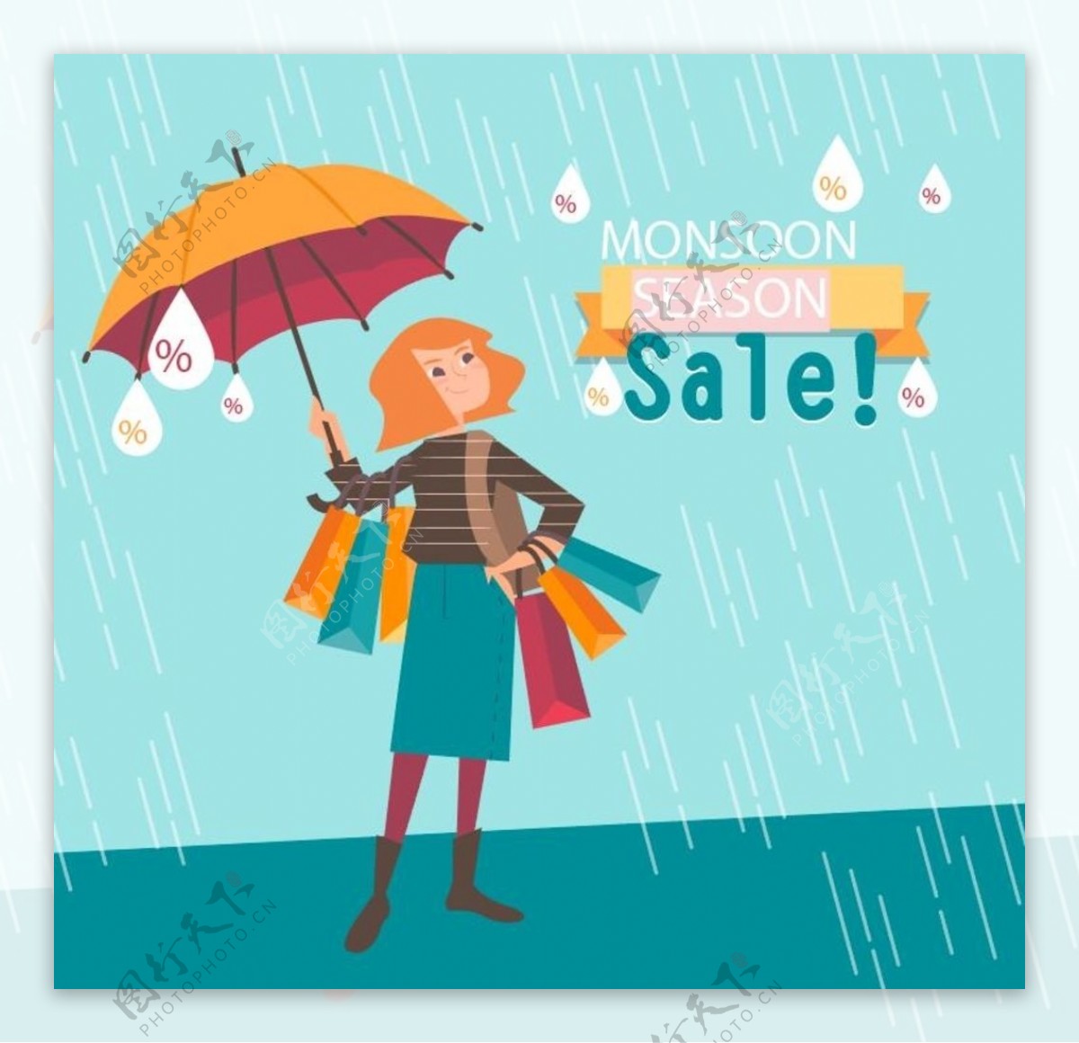创意雨季购物女子促销海报矢量