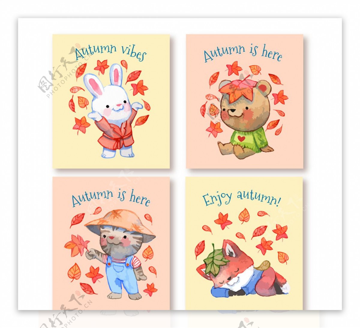 4款彩绘落叶中的动物卡片