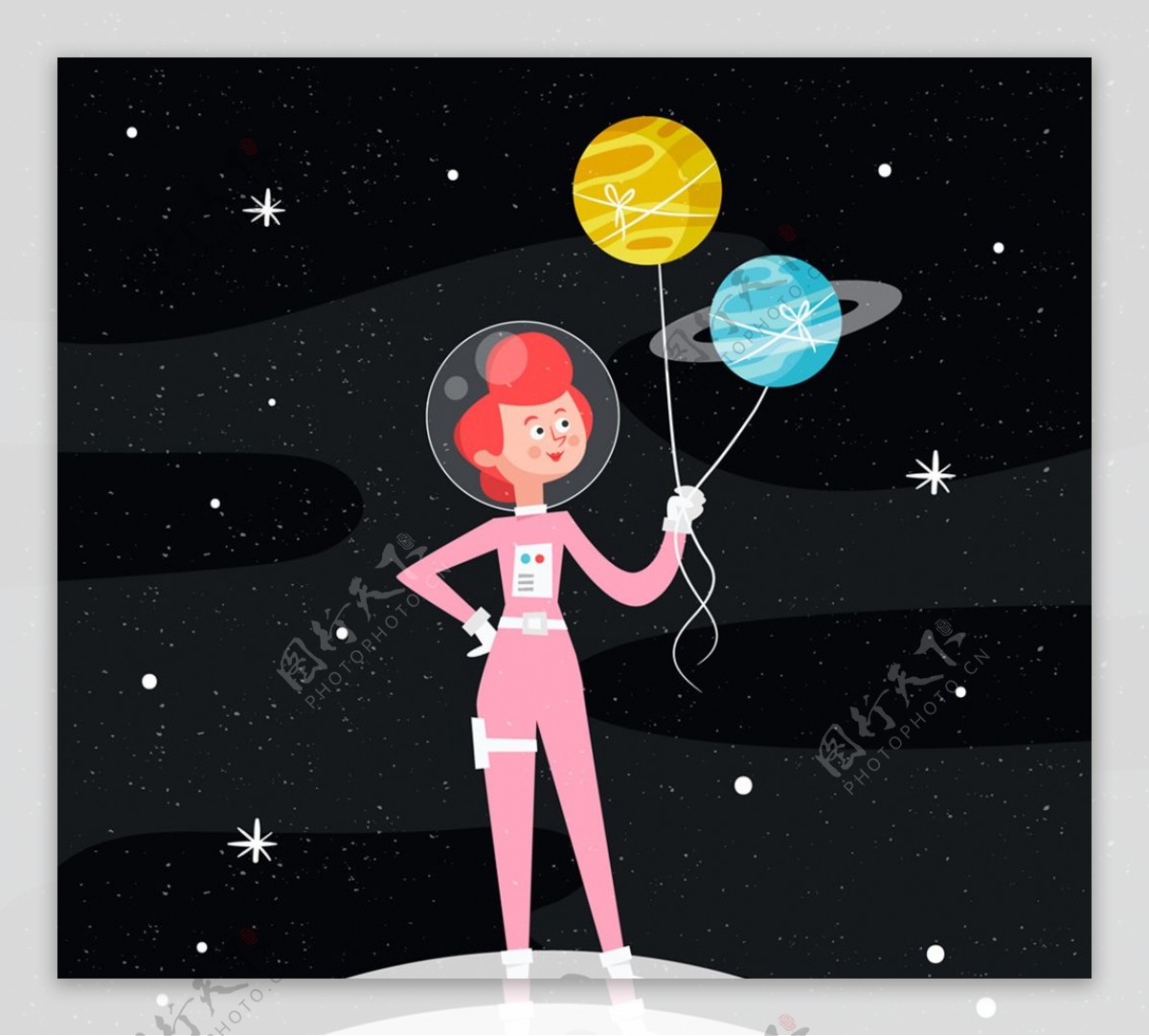 创意女宇航员和星球气球