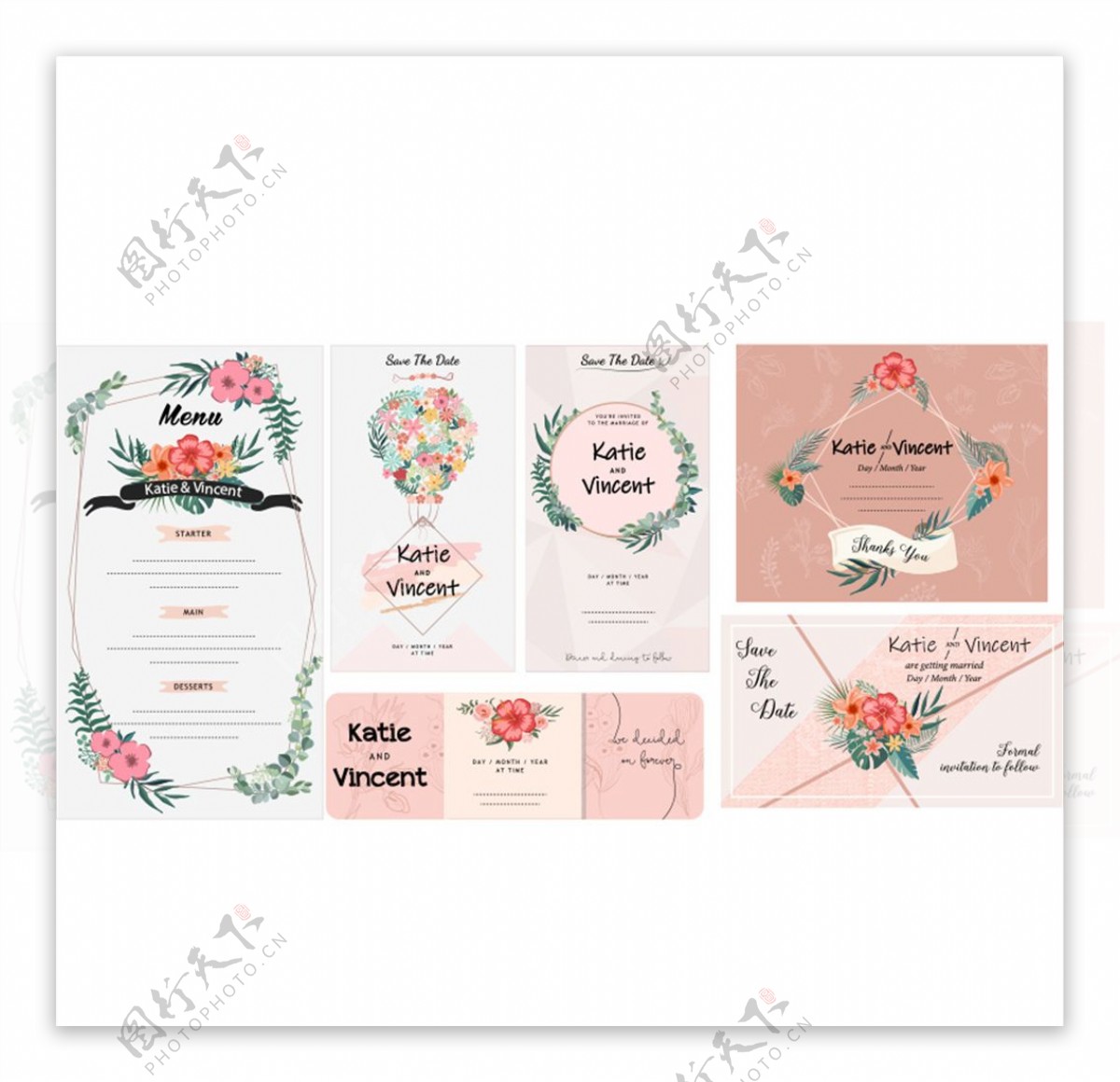 6款彩色花卉婚礼卡片