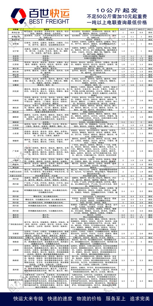 百世快递价格表