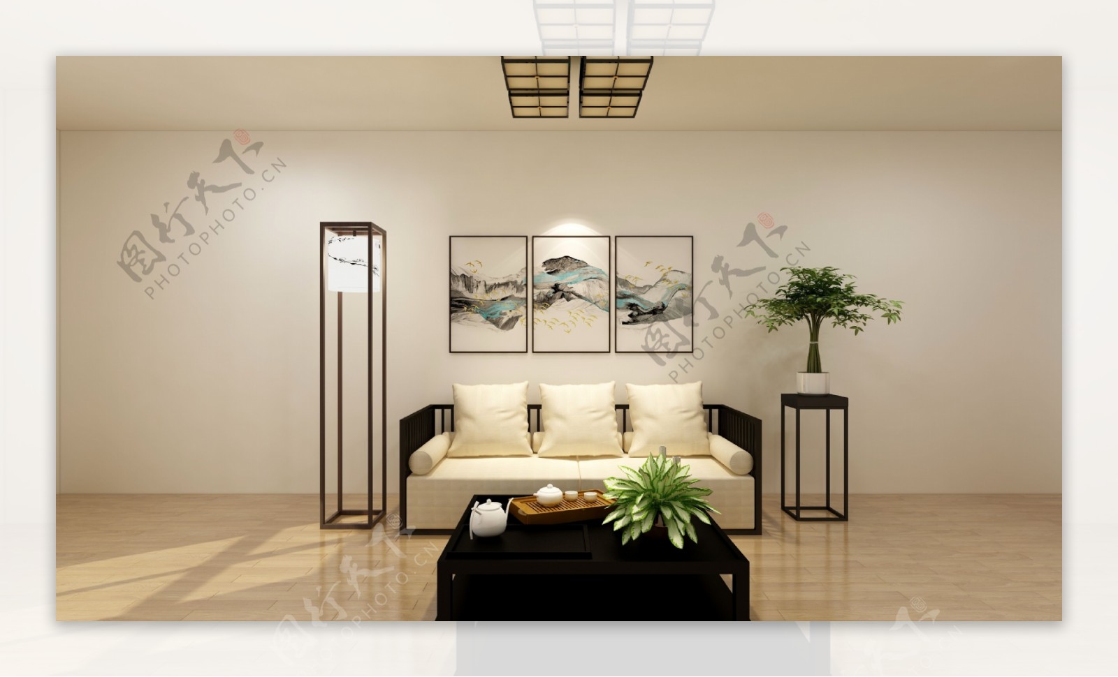 新中式客厅沙发空白背景装效果图