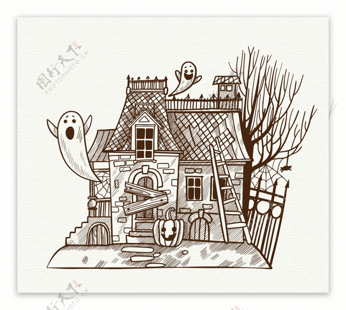 手绘废弃房屋和幽灵