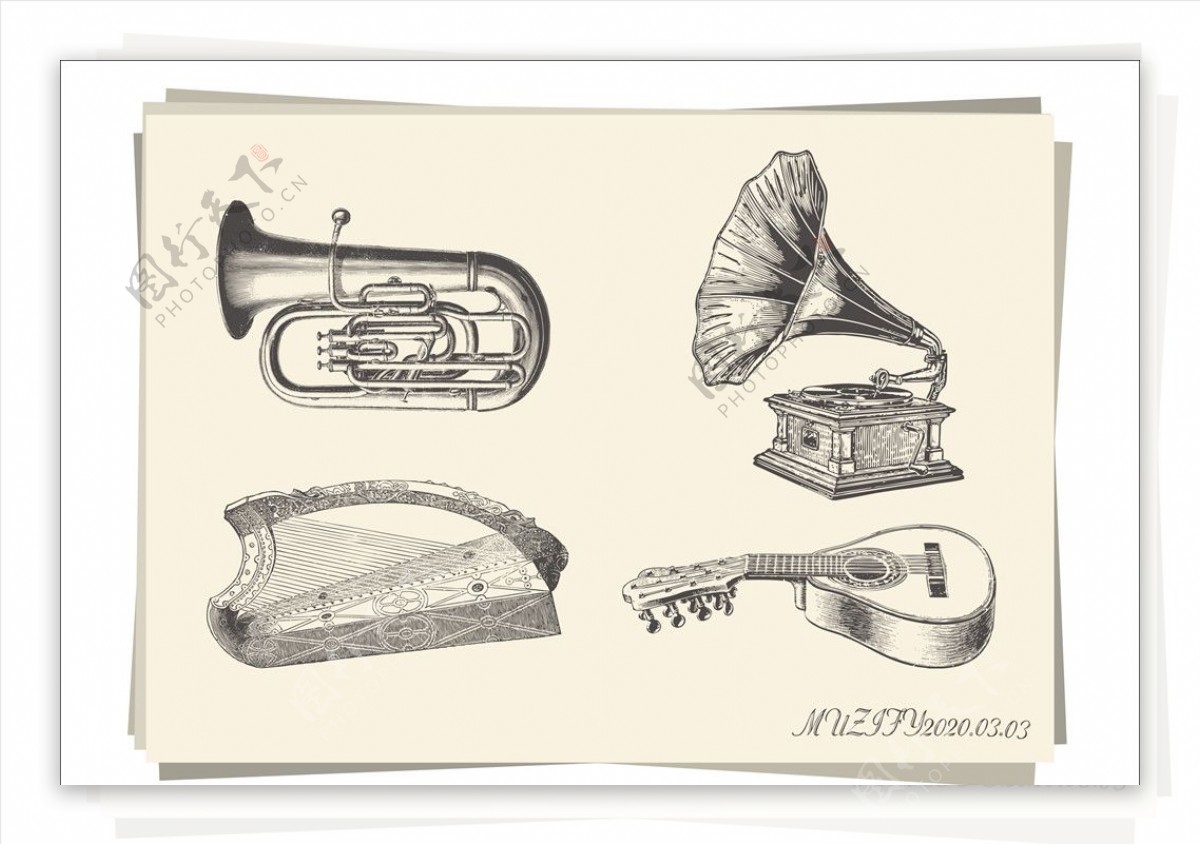 4款入吹奏乐器与弦乐器手绘稿
