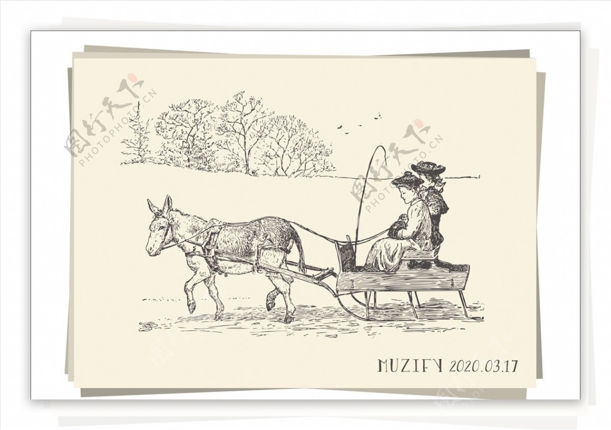 坐驴车的女子素描画