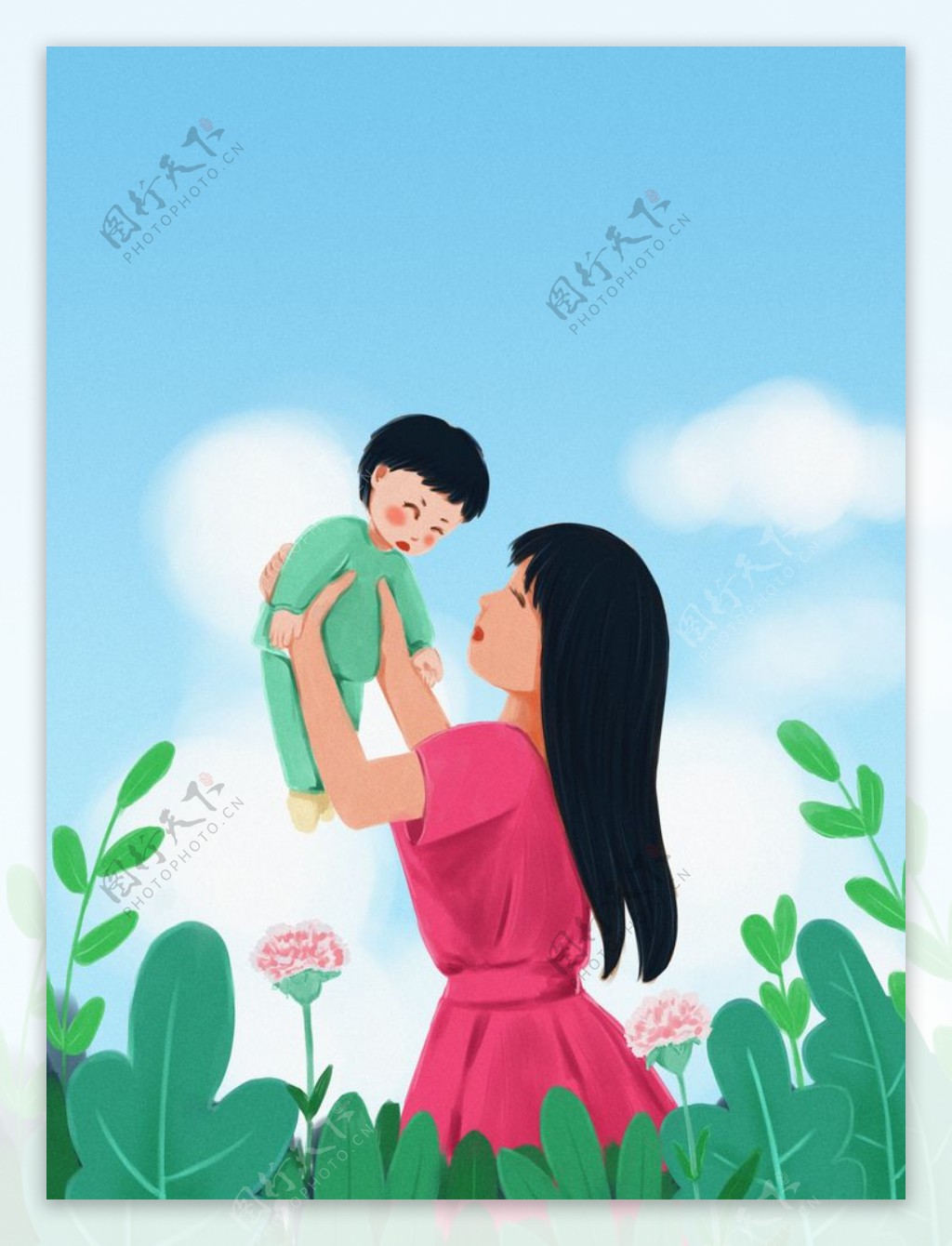 手绘温馨母亲举起孩子母亲节海报