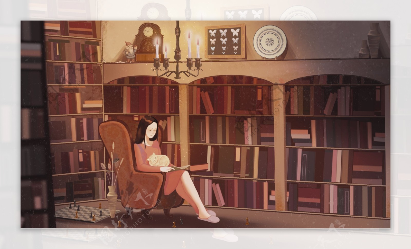 坐在书房里读书的女孩插画海报