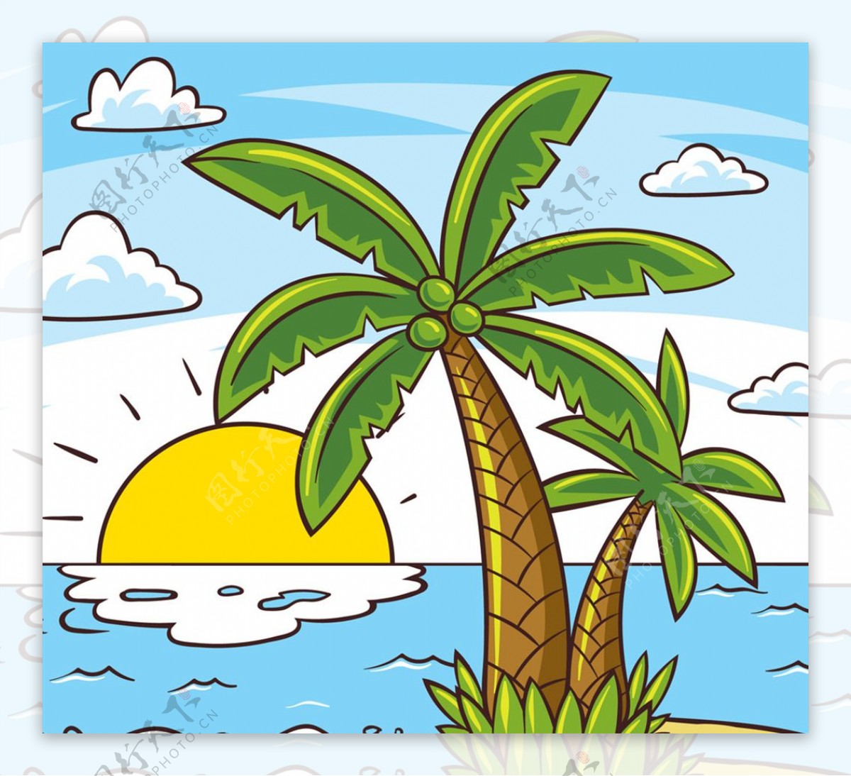 彩绘椰子树大海风景矢量素材