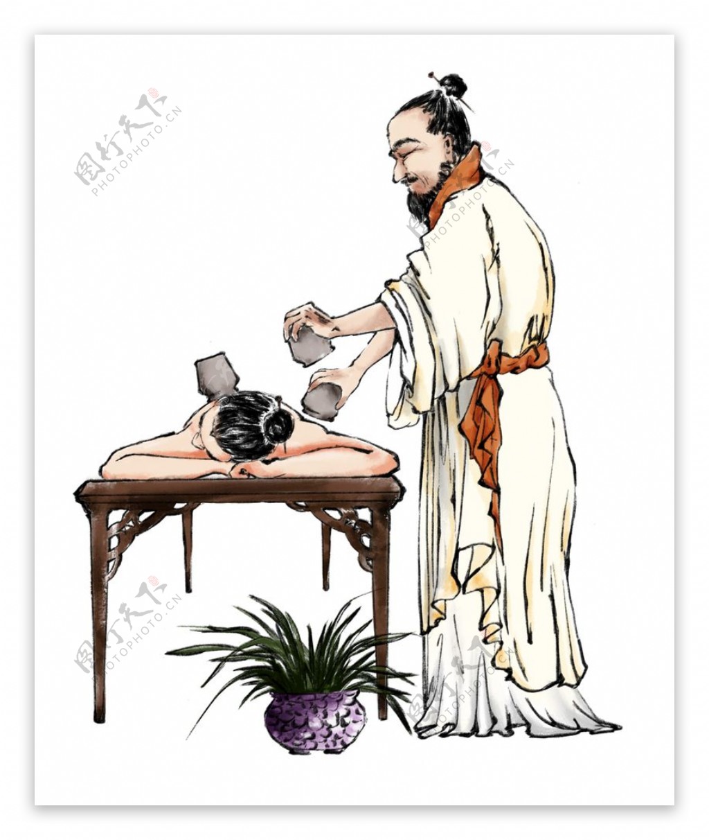 古代中医人物针灸拔罐手绘插画