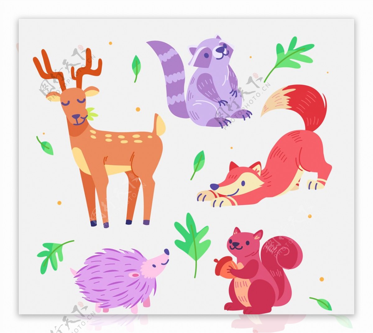 5款彩色森林动物设计矢量图