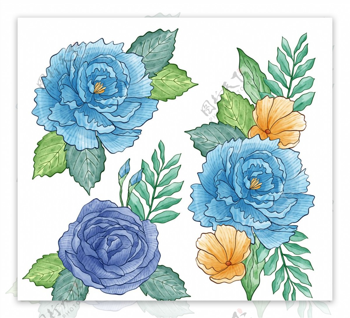 手绘蓝色花卉矢量素材